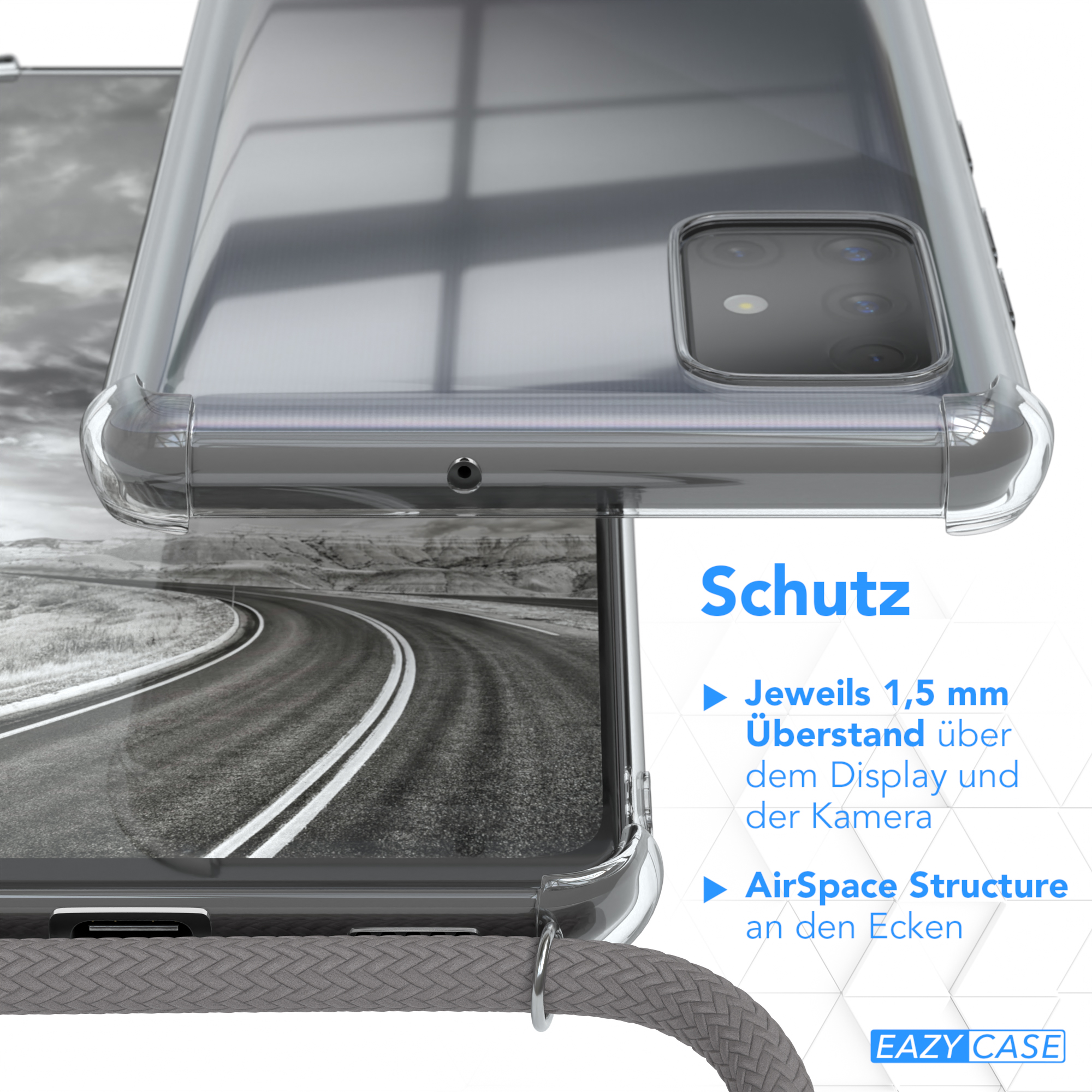 Transparente Handyhülle über einem Telefon. AirSpace-Struktur an der Ecke. Graues Seil.