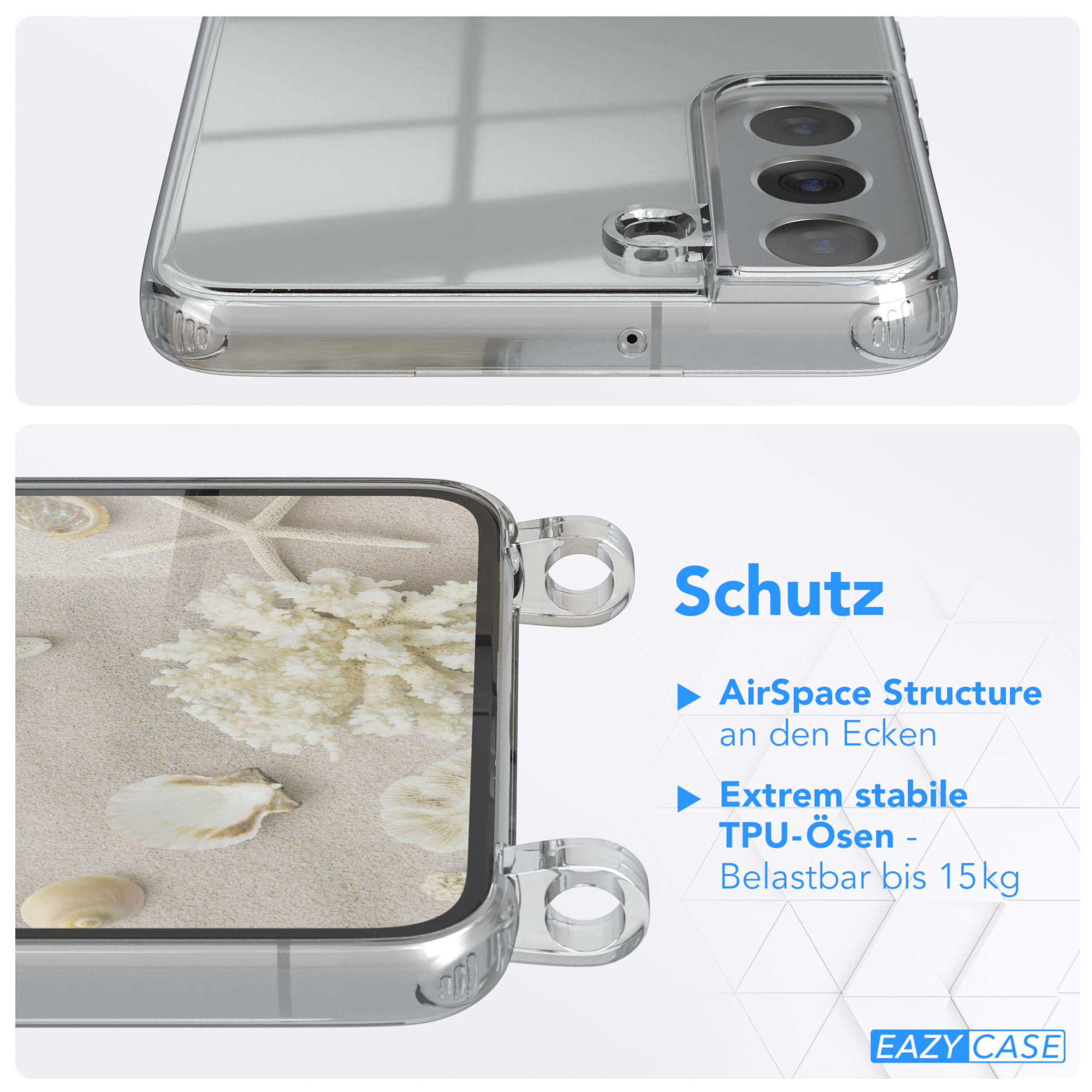 Detailansicht der Handyhülle. Die Hülle ist transparent und hat verstärkte Ecken. Hintergrund mit Sand und Muscheln.