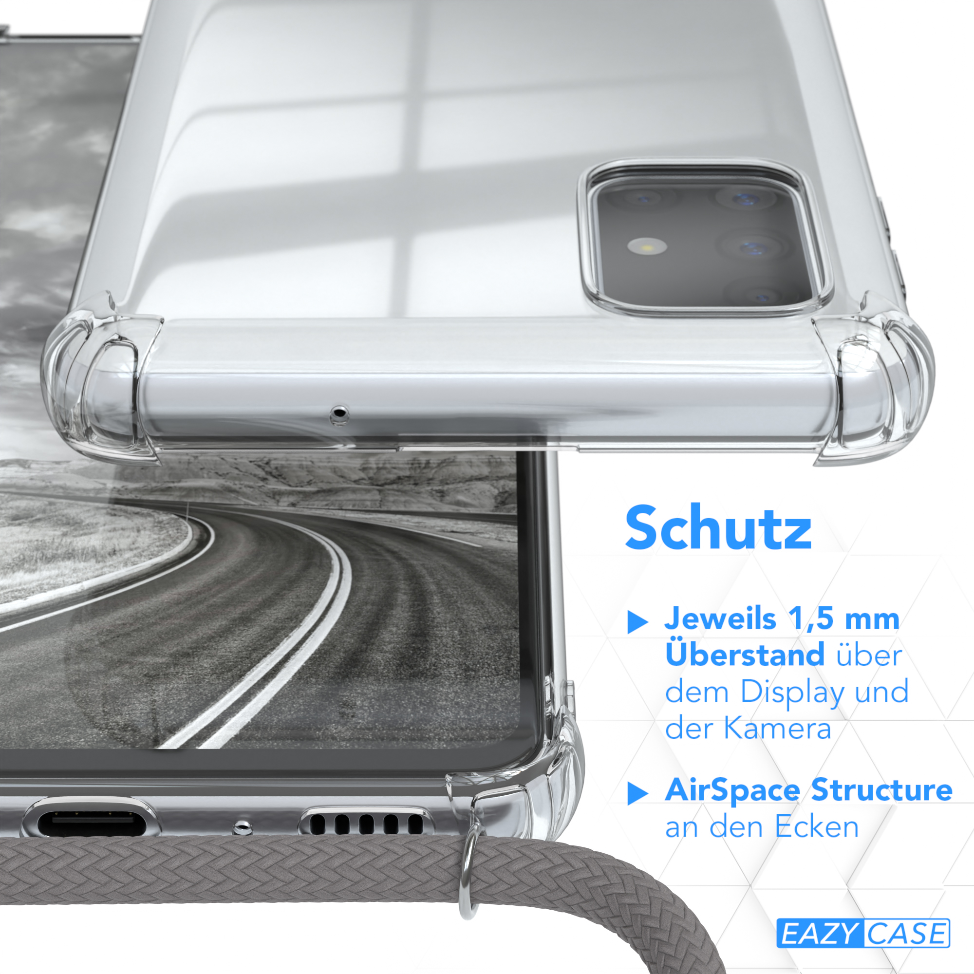 Eine Handyhülle wird gezeigt, die ihre Eigenschaften hervorhebt: Display- und Kameraschutz, sowie AirSpace Structure.