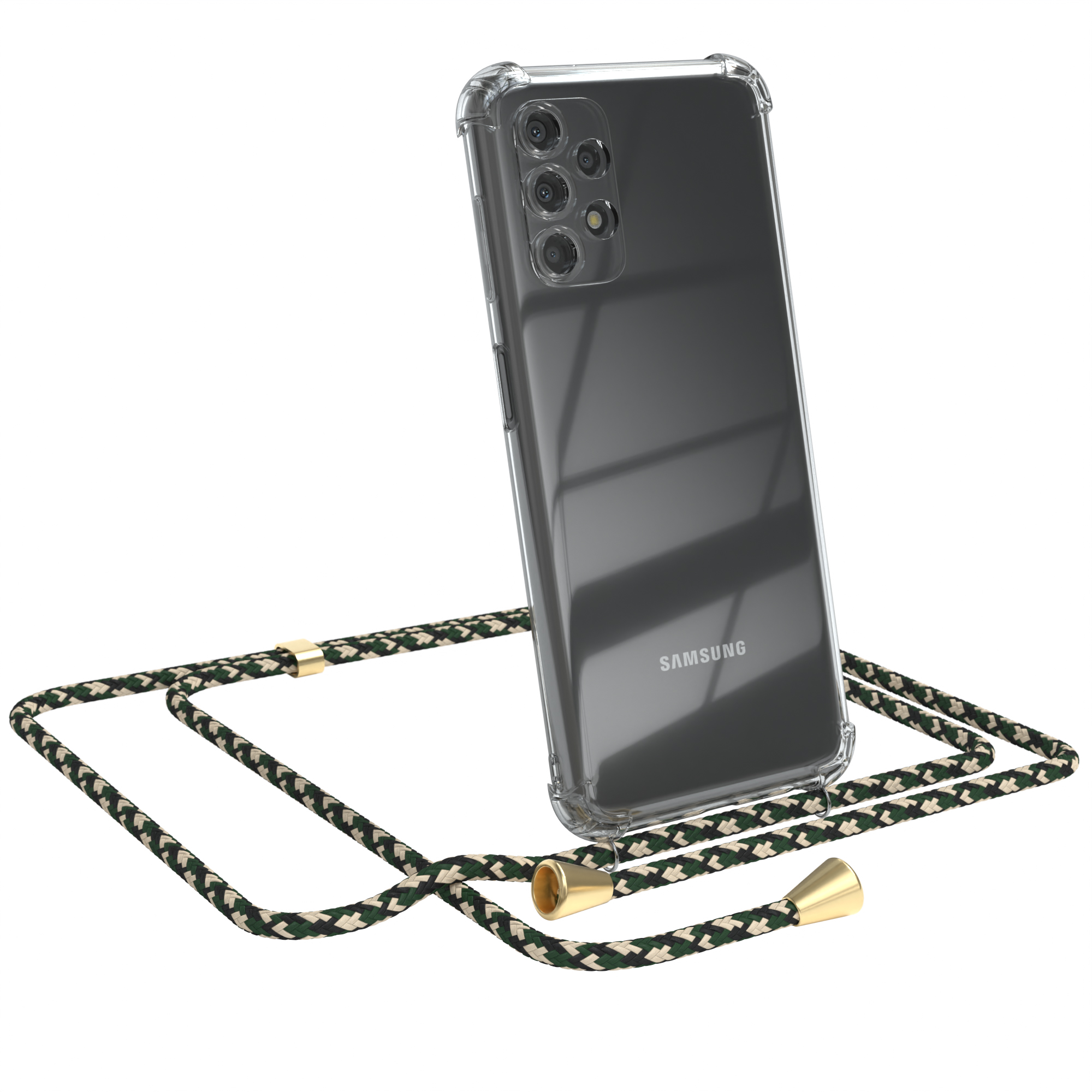 Telefon mit transparenter Hülle und grün/cremefarbenem Riemen. SAMSUNG-Logo sichtbar.