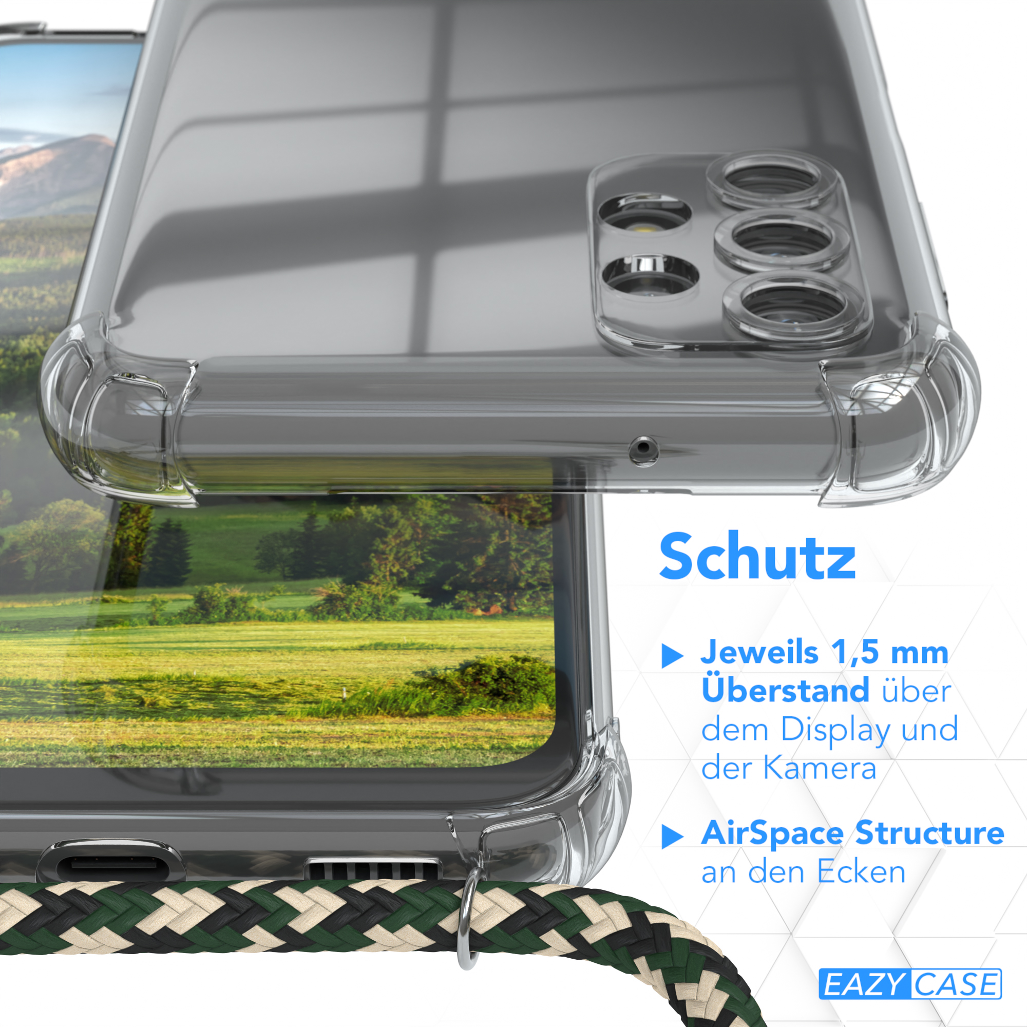 Transparente Handyhülle, schützt Smartphone. Grüner Hintergrund.