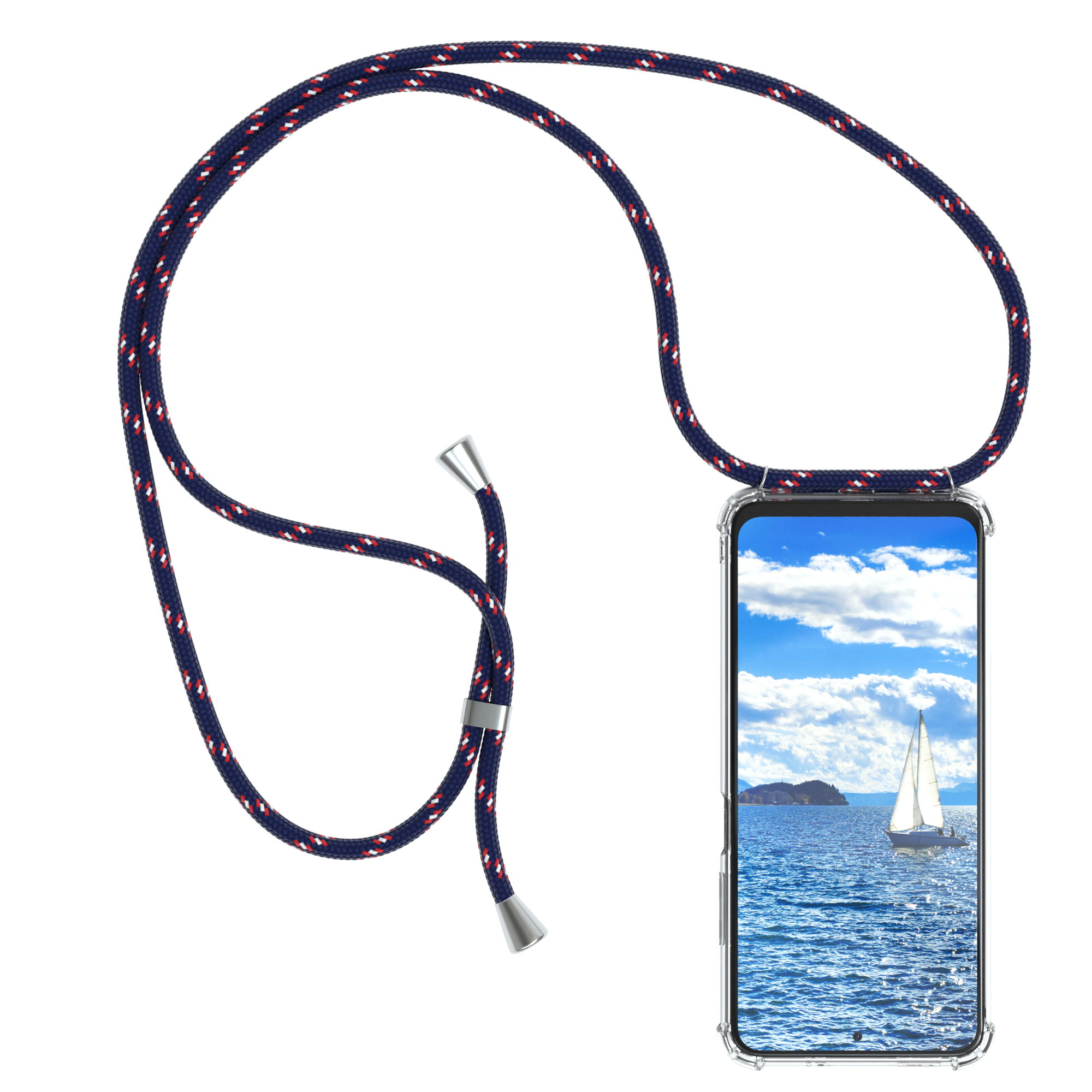 Telefon mit Hülle und Marineblauem Riemen. Blaues Wasser, Himmel und Boot im Hintergrund.