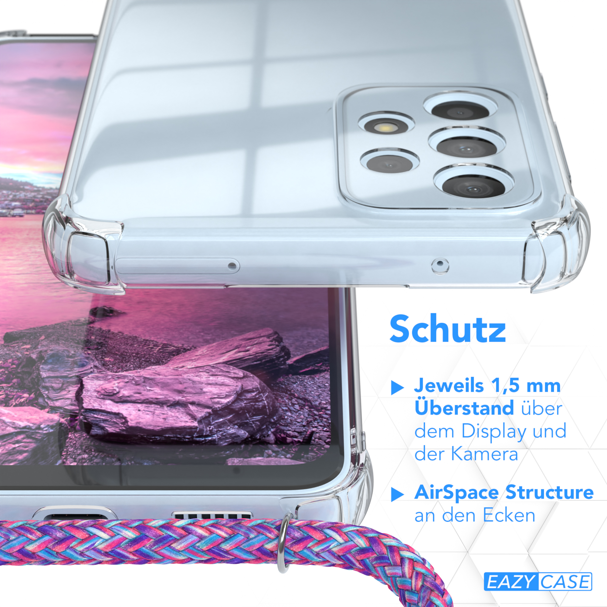 Transparente Handyhülle mit buntem Band. Text hebt Schutzmerkmale hervor, inkl. erhöhte Ränder.