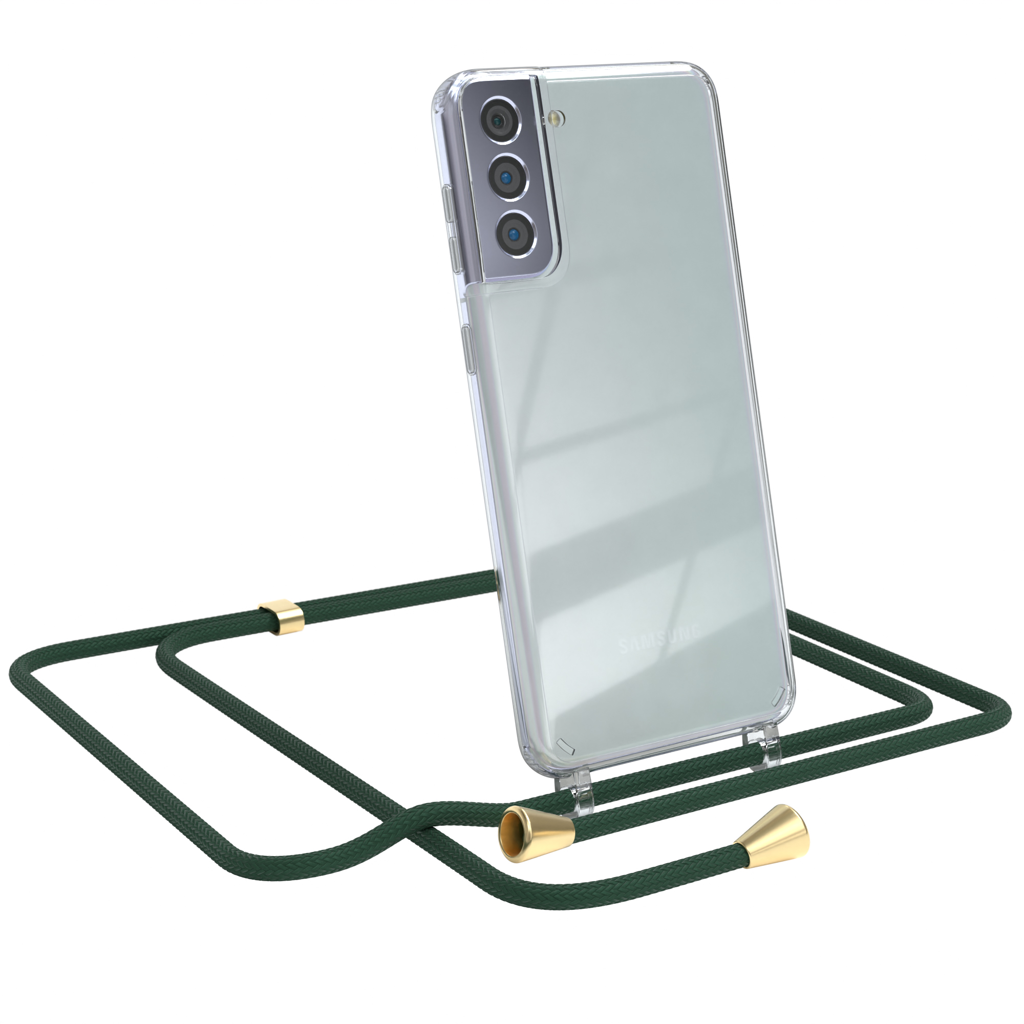 Transparente Handyhülle mit grünem Handystrap auf weißem Hintergrund.
