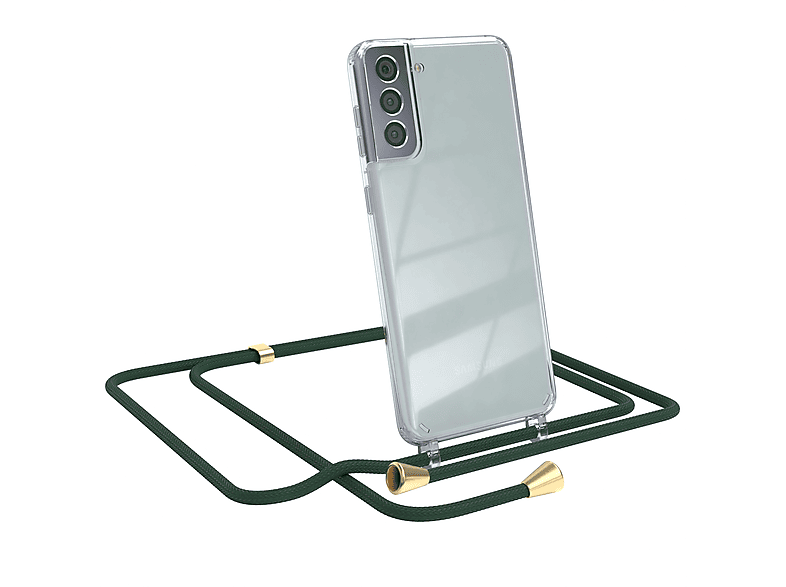 EAZY CASE Clear Cover mit Umhängeband, Umhängetasche, Samsung, Galaxy S21 Plus 5G, Grün / Clips Gold