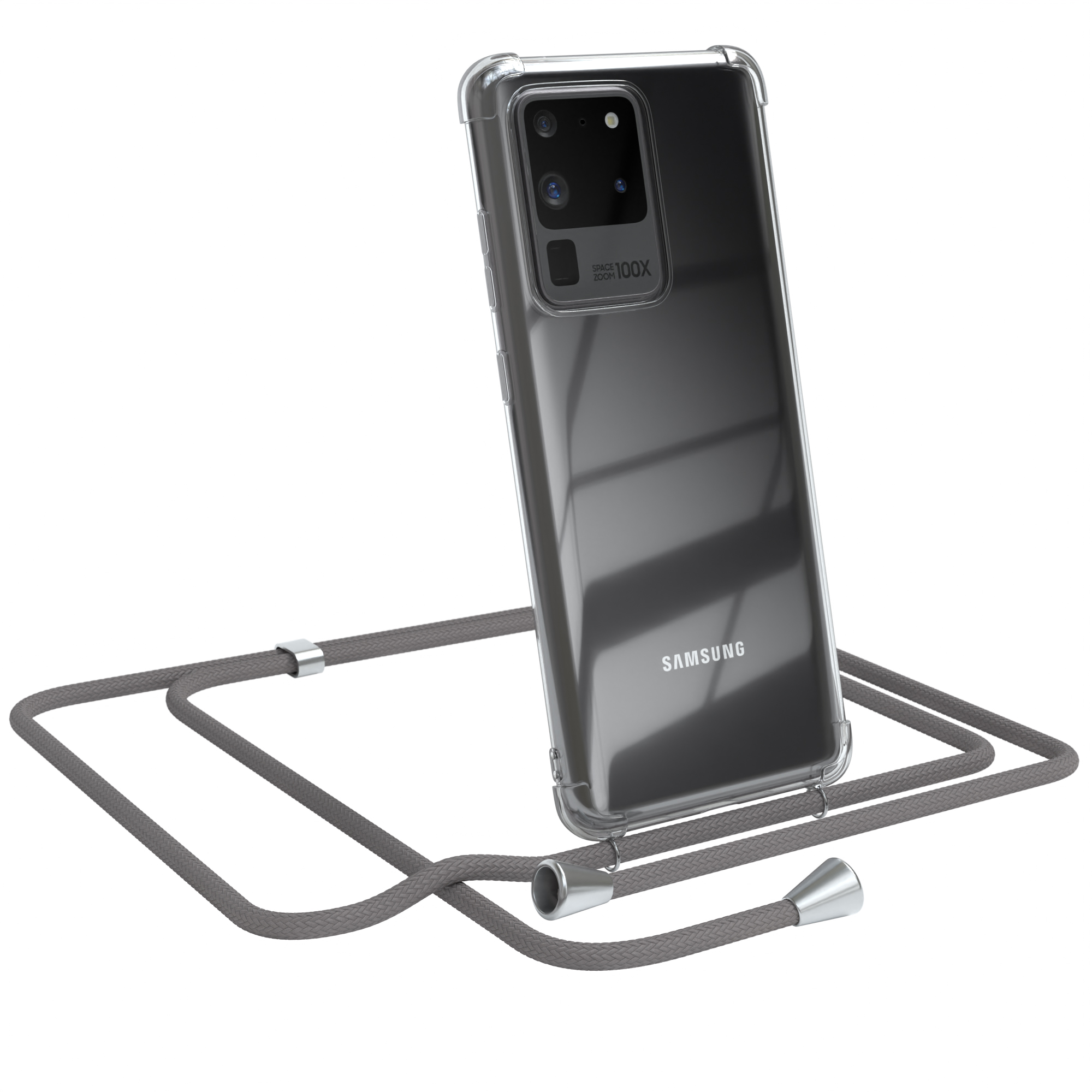 Transparente Handyhülle mit grauem Kabel. Telefon lehnt. Samsung Logo. Weißer Hintergrund.