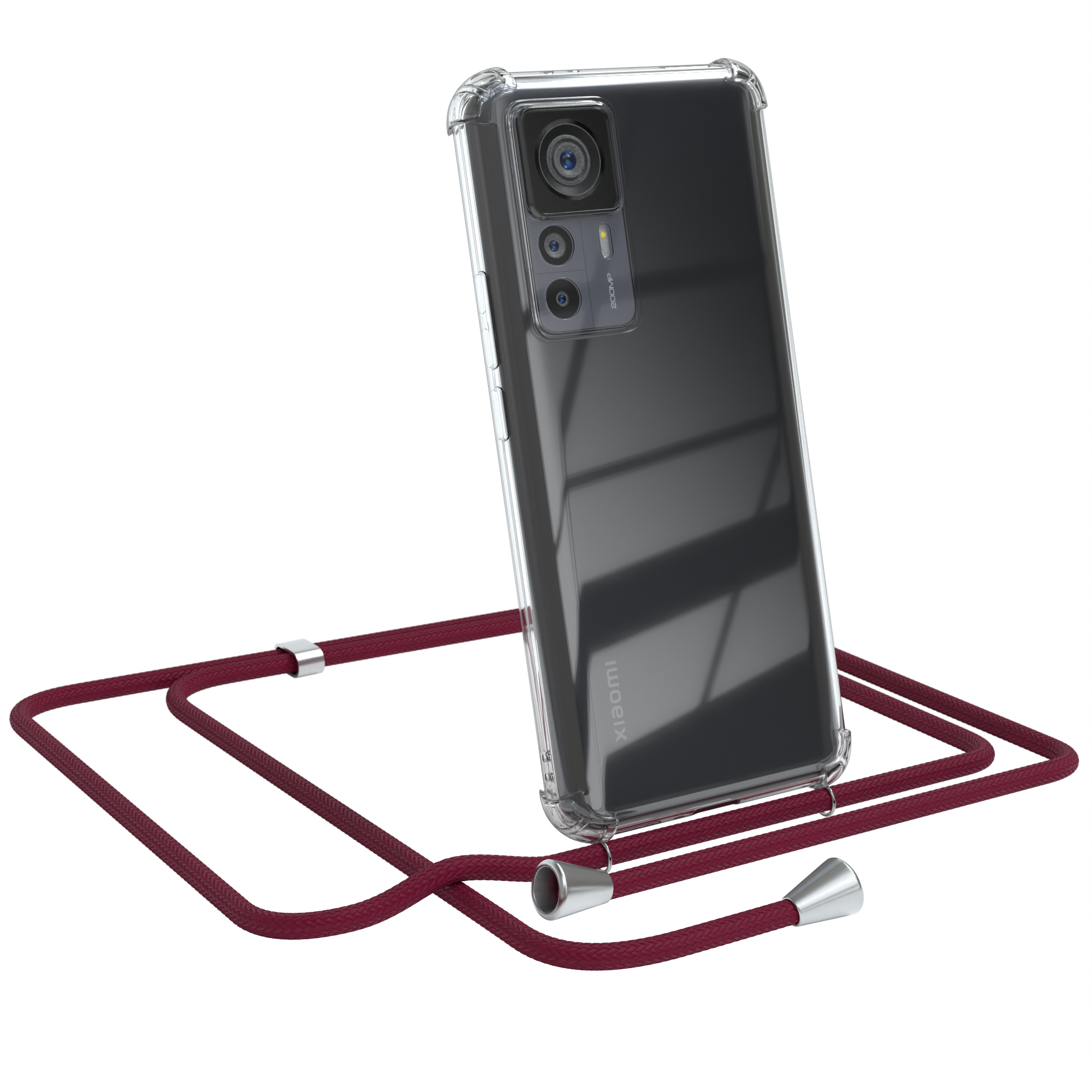 Transparente Handyhülle mit rotem Umhängeband, zeigt ein Xiaomi-Telefon.