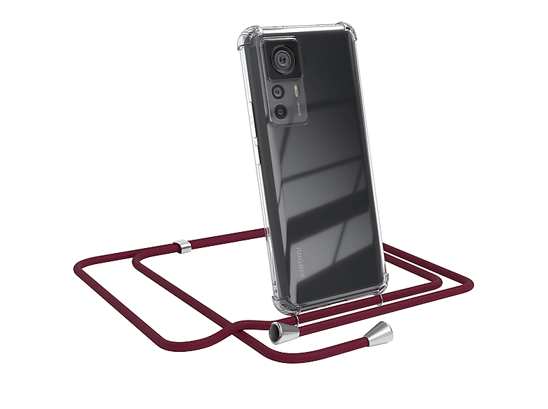 EAZY CASE Clear Cover mit Umhängeband, Umhängetasche, Xiaomi, 12T / 12T Pro, Bordeaux Rot / Clips Silber