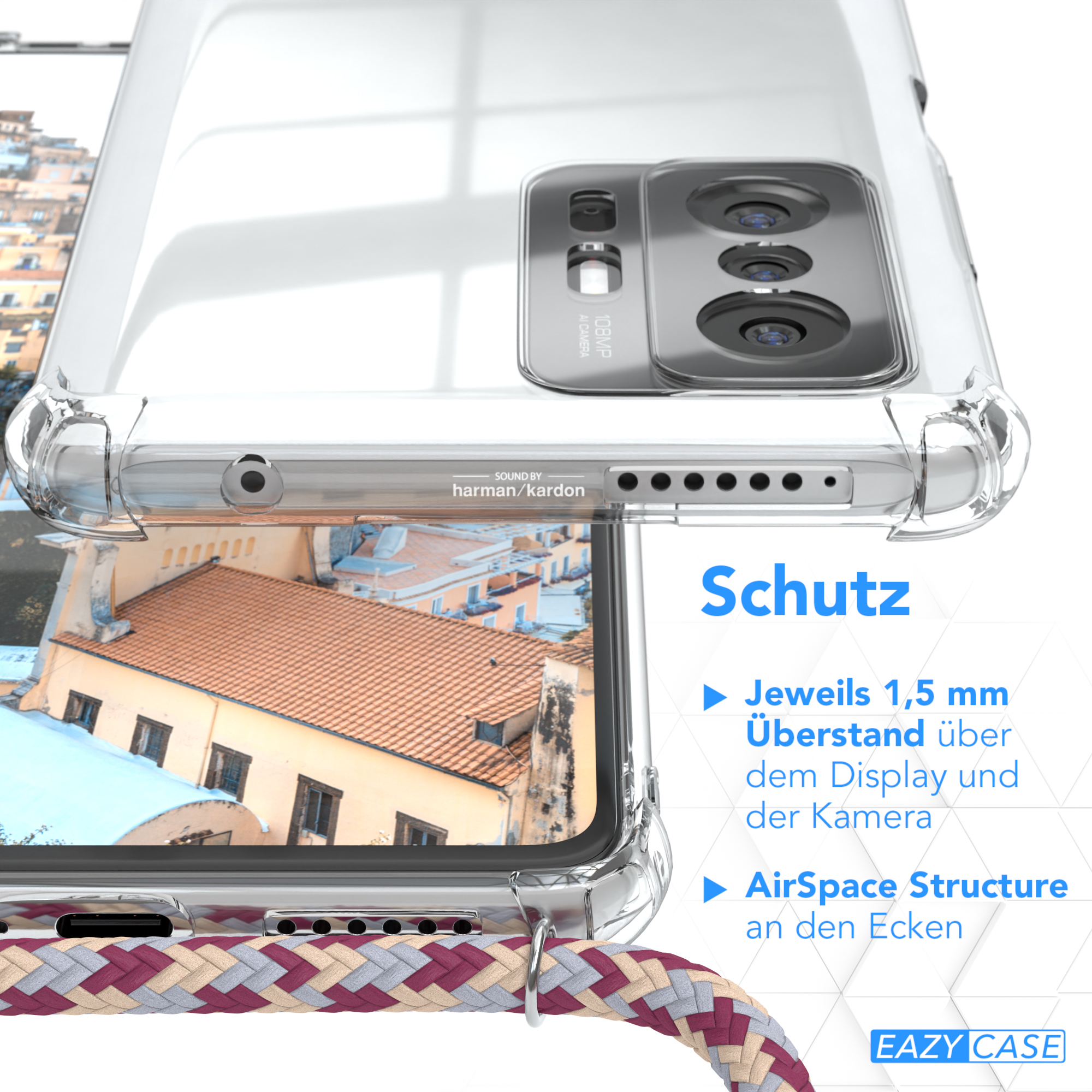 Nahaufnahme einer Handyhülle mit Telefon. Text über den Schutz der Handyhülle.