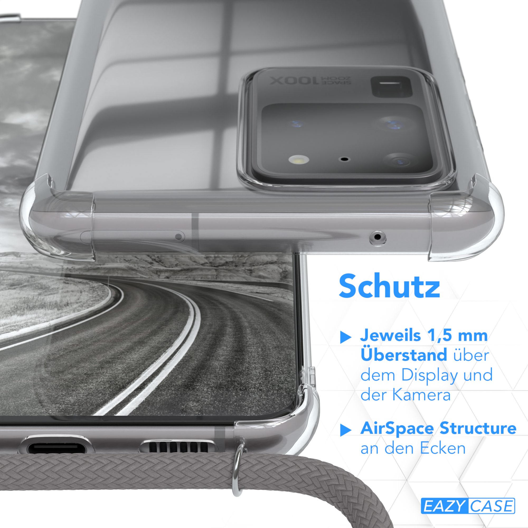 Klare Handyhülle auf dem Handy, Nahaufnahme. Text: Schutz. Details zur Hülle werden gezeigt.