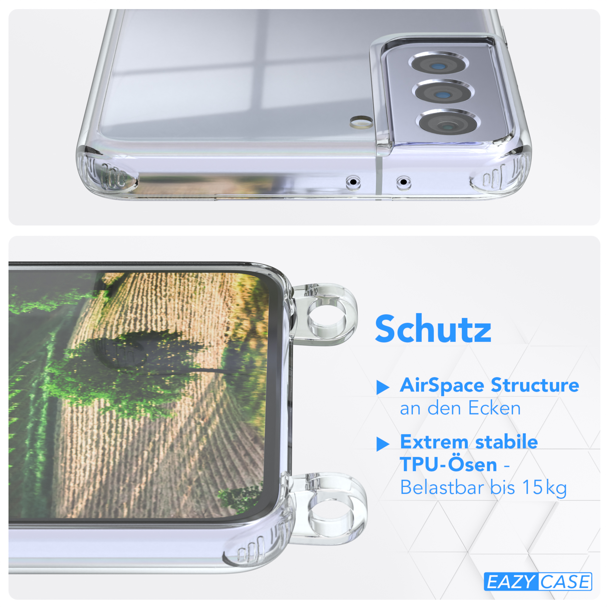 Nahaufnahme einer durchsichtigen Handyhülle mit Struktur- und Designdetails. Text über Schutz.