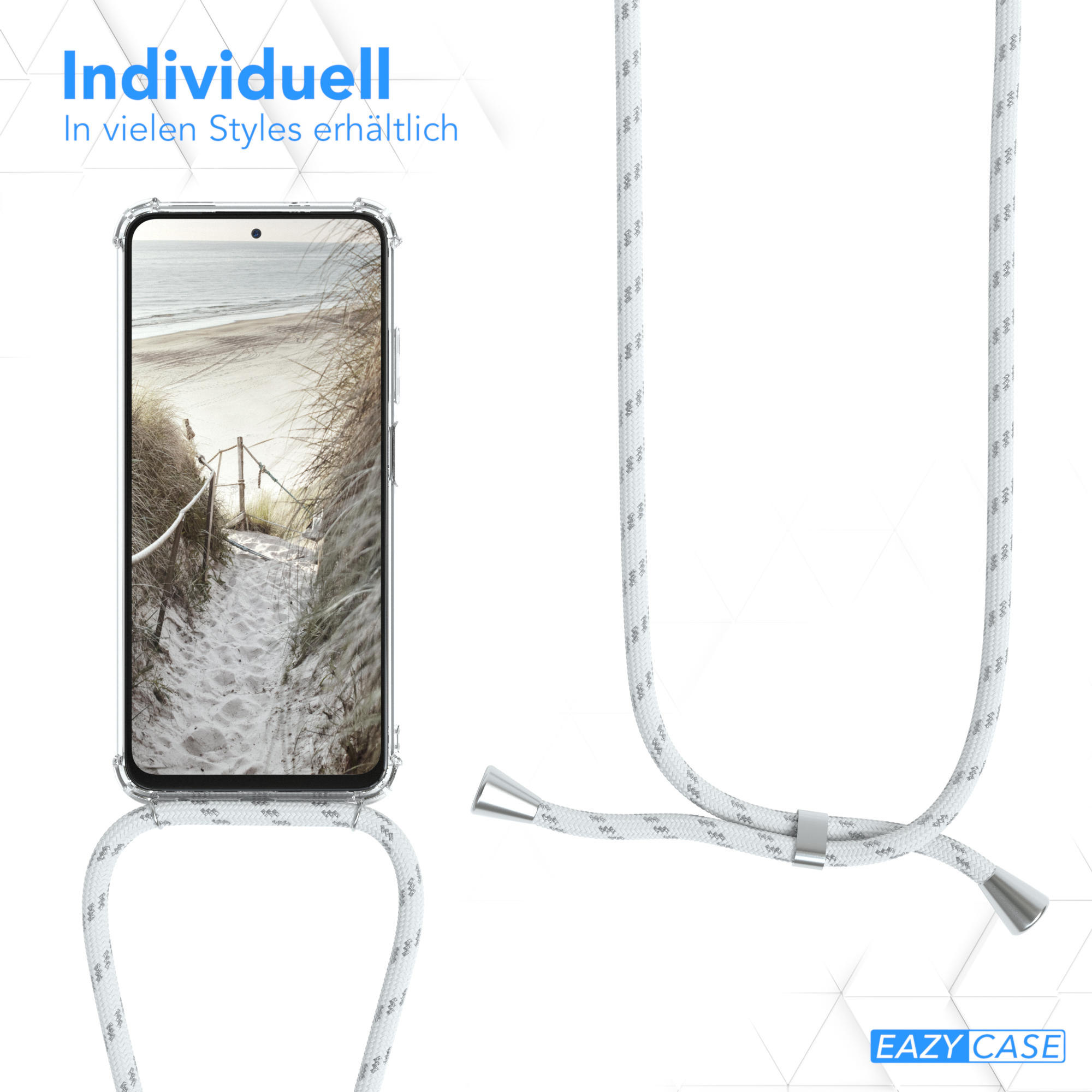 Telefon in klarer Hülle mit Lanyard. Bildschirm zeigt Strandpfad. Text: Individuell, viele Stile.