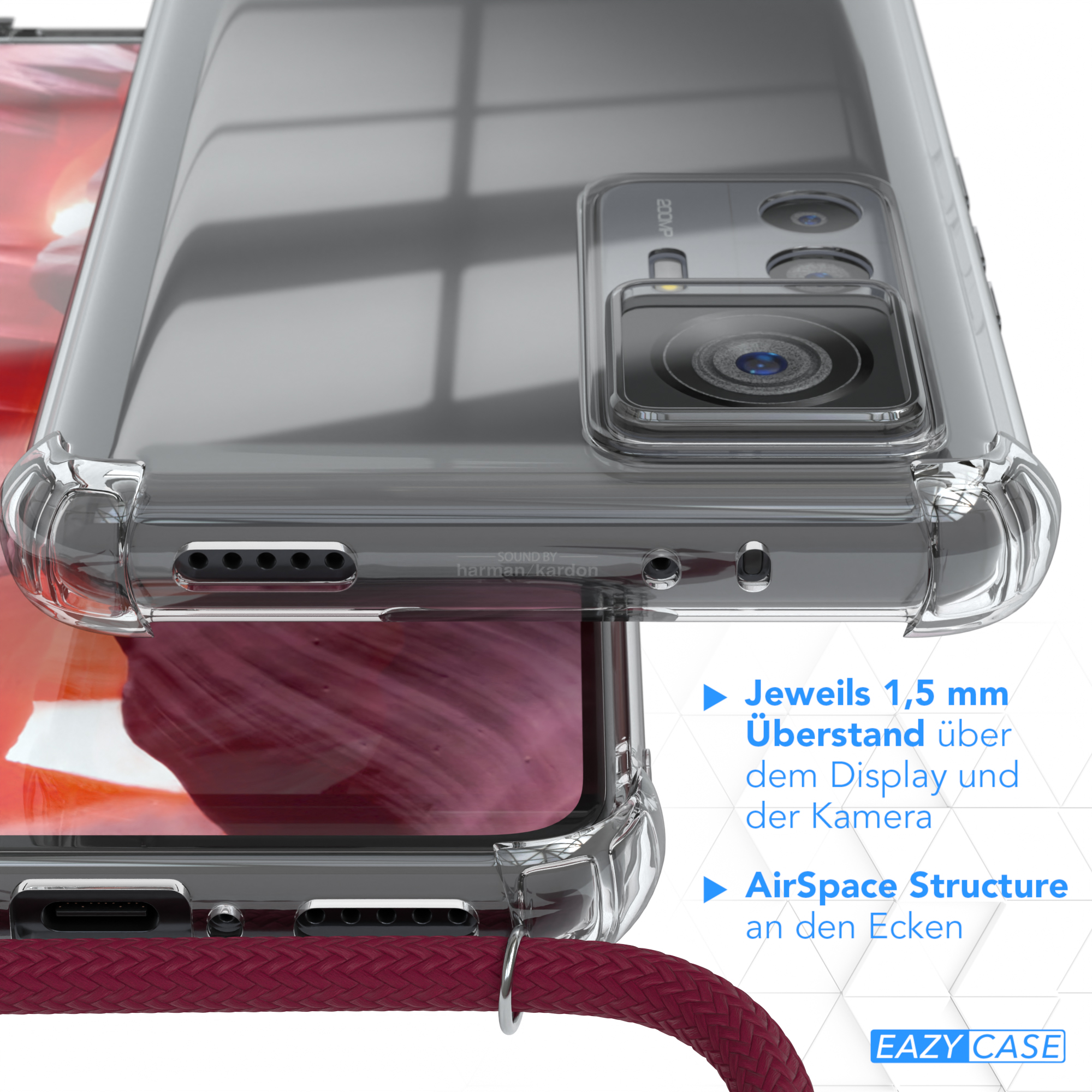 CASE Umhängetasche, EAZY Silber Umhängeband, Clear Cover / mit Rot Clips Xiaomi, 12T Bordeaux / 12T Pro,