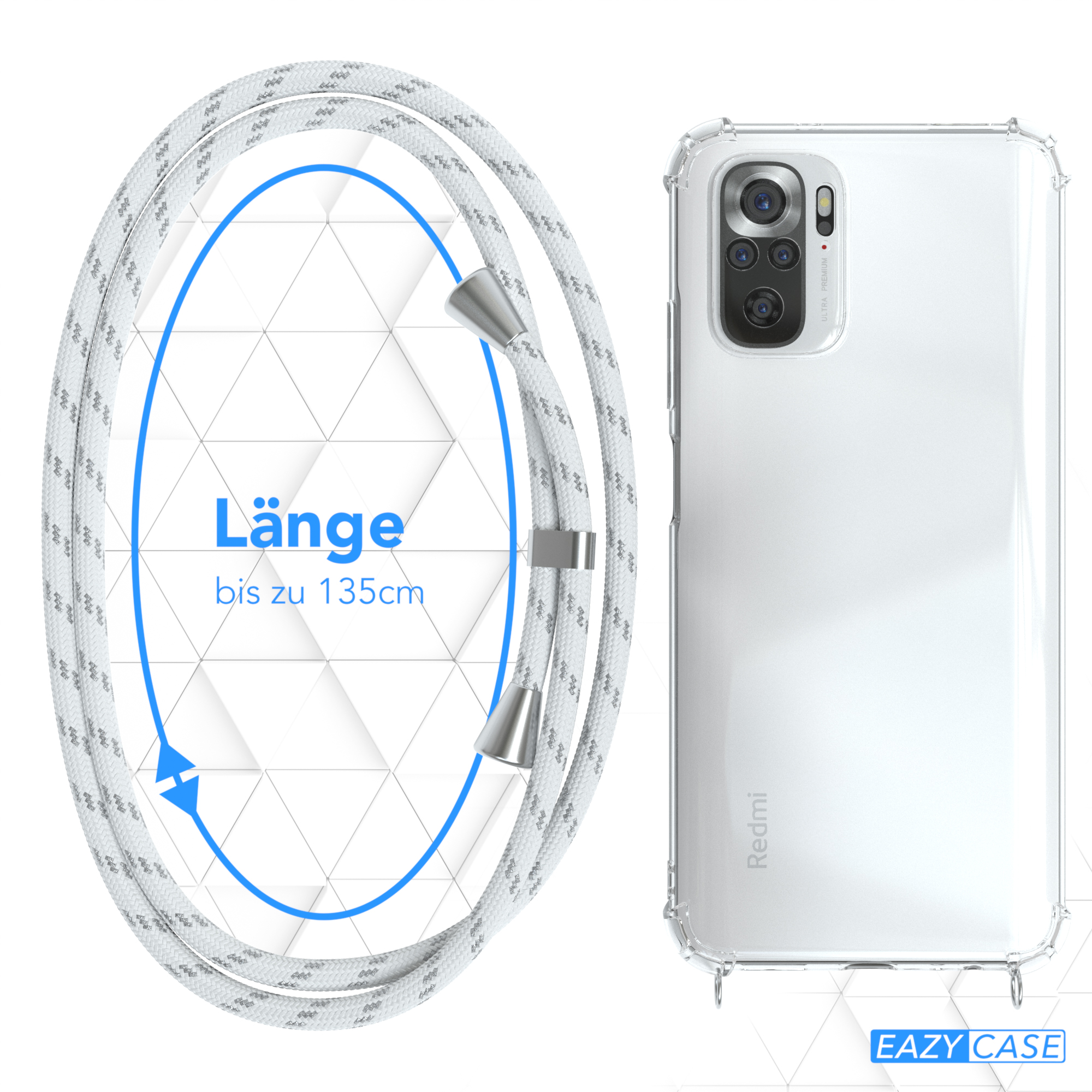 Weißes Handycase mit weißem Seil. Text: Länge bis zu 135cm. Blaues Diagramm mit Pfeil.