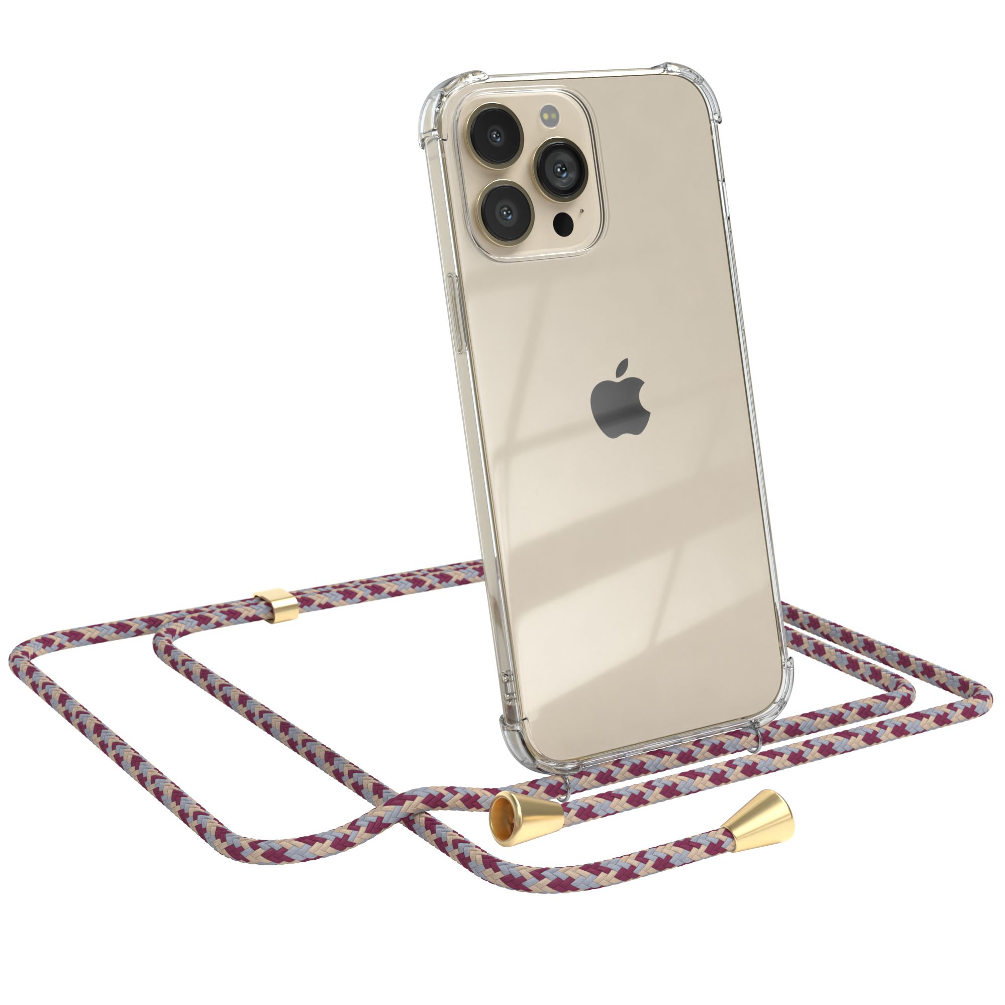 Transparente Handyhülle mit weinrot-beigem Lanyard. Apple-Telefon sichtbar. Weißer Hintergrund.
