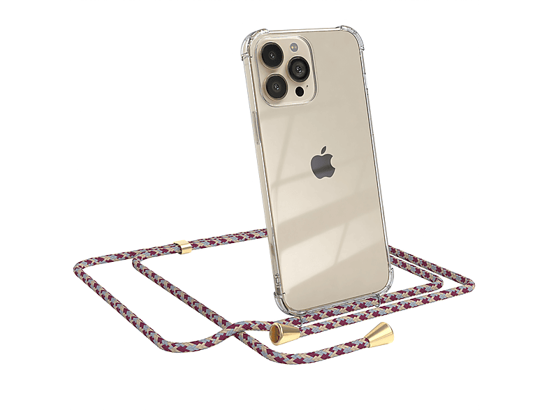 EAZY CASE Clear Cover mit Umhängeband, Umhängetasche, Apple, iPhone 13 Pro Max, Rot Beige Camouflage / Clips Gold