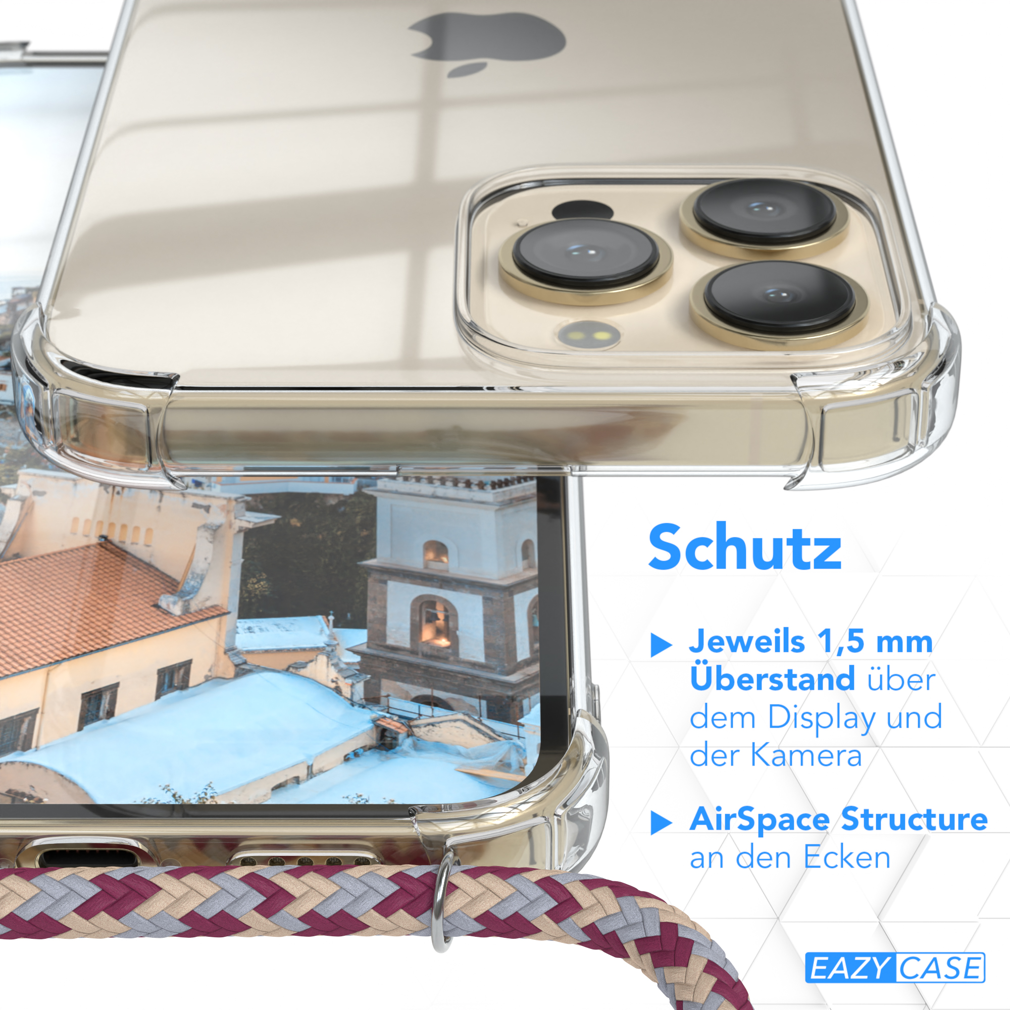 EAZY CASE Clear Cover Umhängeband, mit Pro Umhängetasche, Clips Camouflage / Gold 13 Beige Rot Apple, Max, iPhone