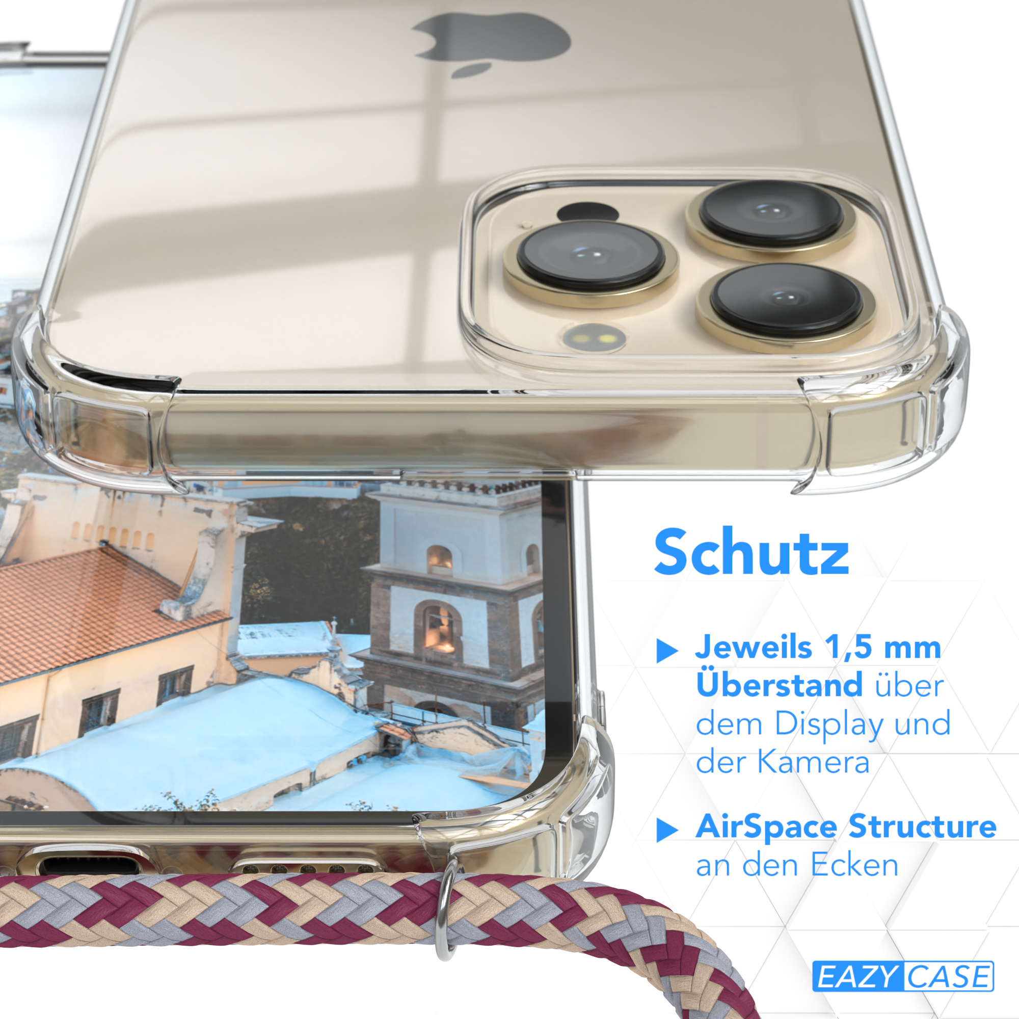 Eine transparente Handyhülle mit klarem Hintergrund, mit Details zum Display- und Kameraschutz.