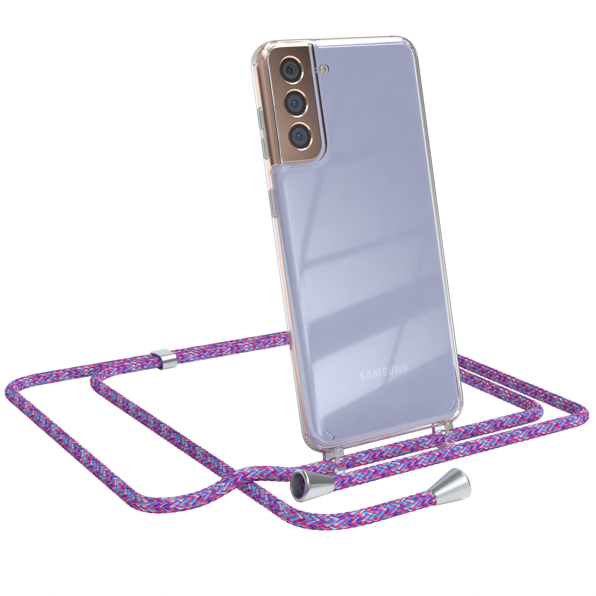 Ein Smartphone in einer transparenten Hülle mit pinkfarbenem Umhängeband auf weißem Untergrund.