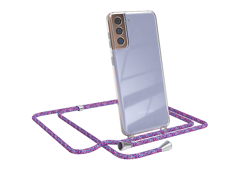 EAZY CASE Clear Cover mit Umhängeband, Umhängetasche, Samsung, Galaxy S21 Plus 5G, Lila / Clips Silber