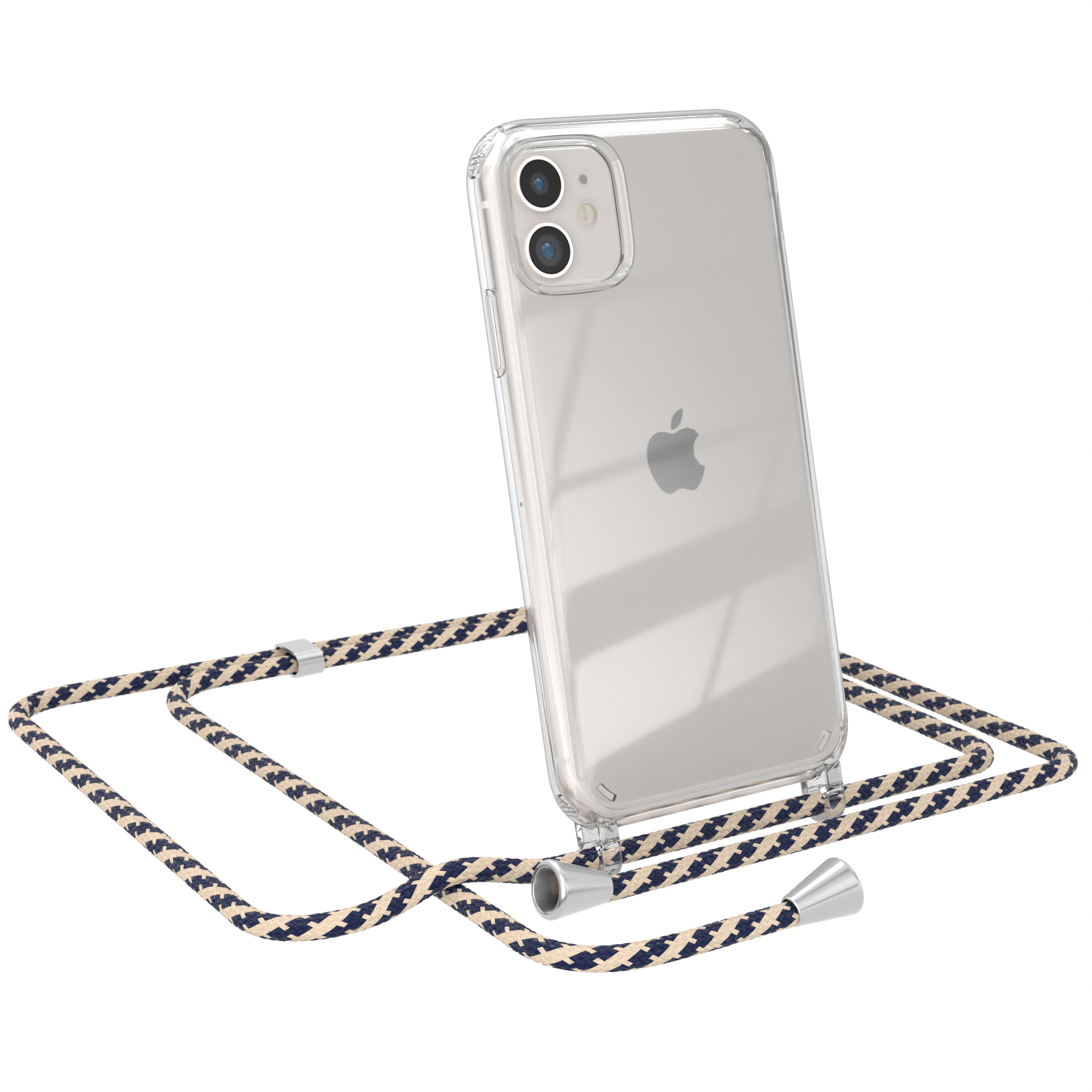 Transparente Handyhülle mit marineblauem und beigem Lanyard. Das Telefon ist ein iPhone mit Apple-Logo.