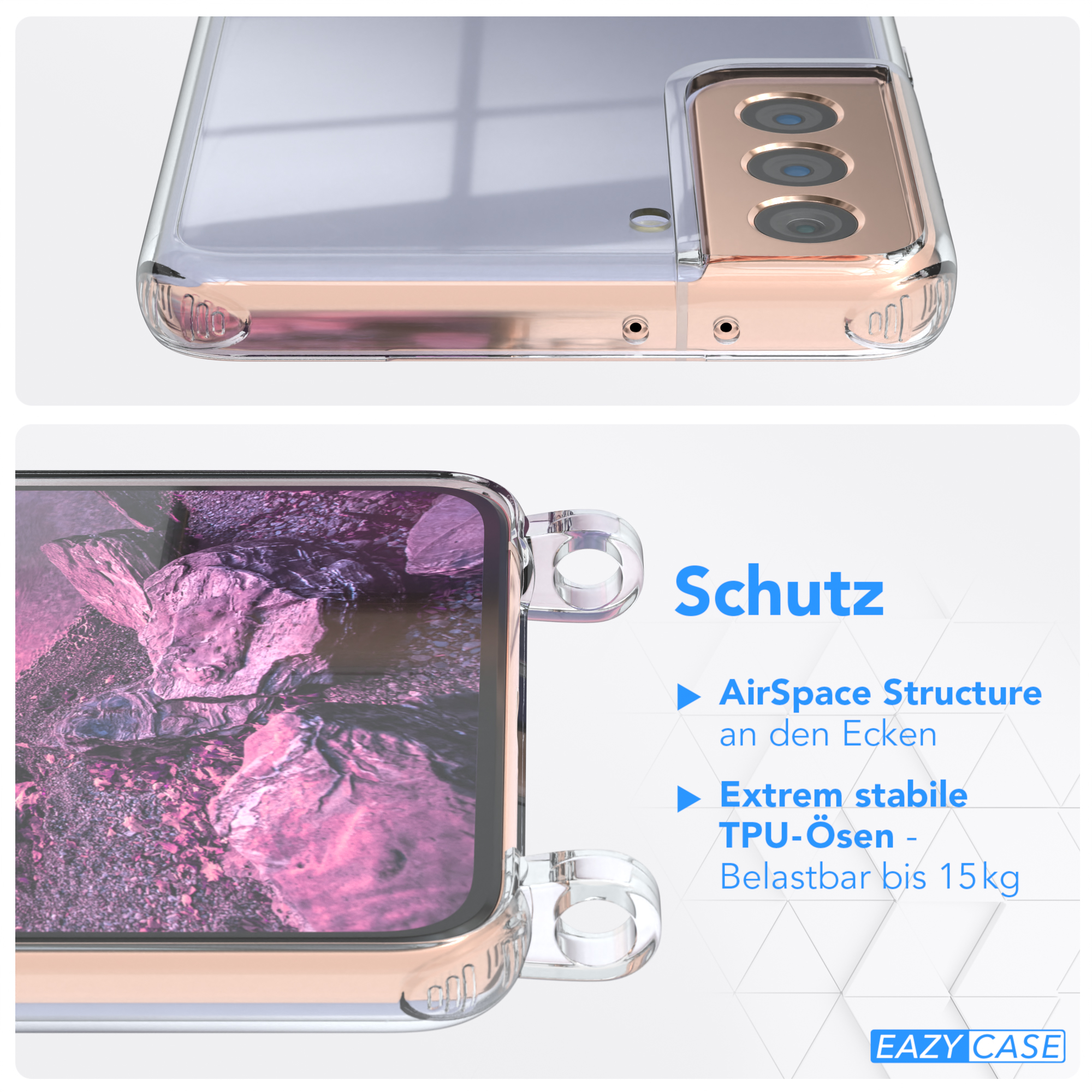Transparente Handyhülle auf pinkem Hintergrund. Text an der Seite, pinker Bildschirm.