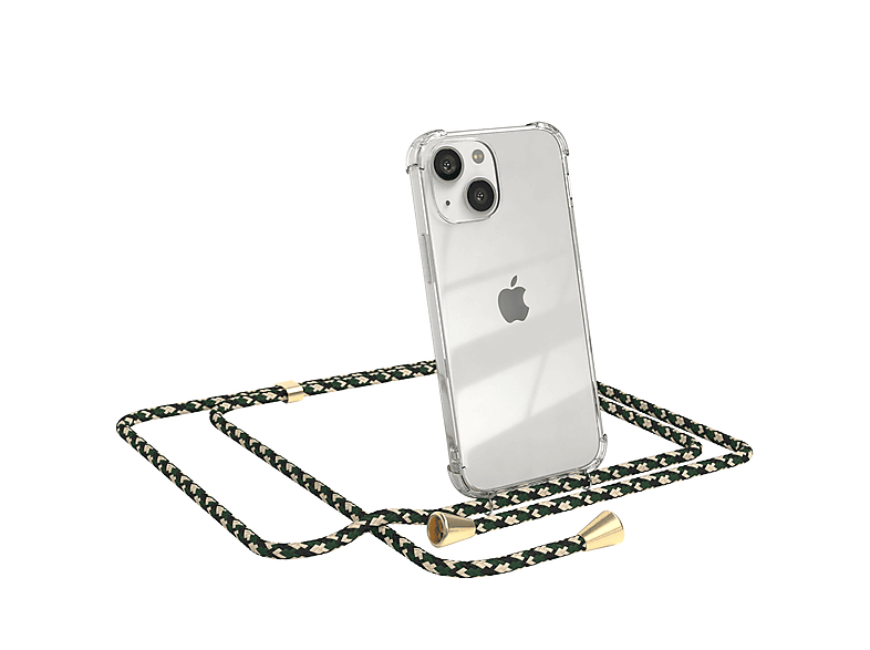 EAZY CASE Clear Cover mit Umhängeband, Umhängetasche, Apple, iPhone 13 Mini, Grün Camouflage / Clips Gold