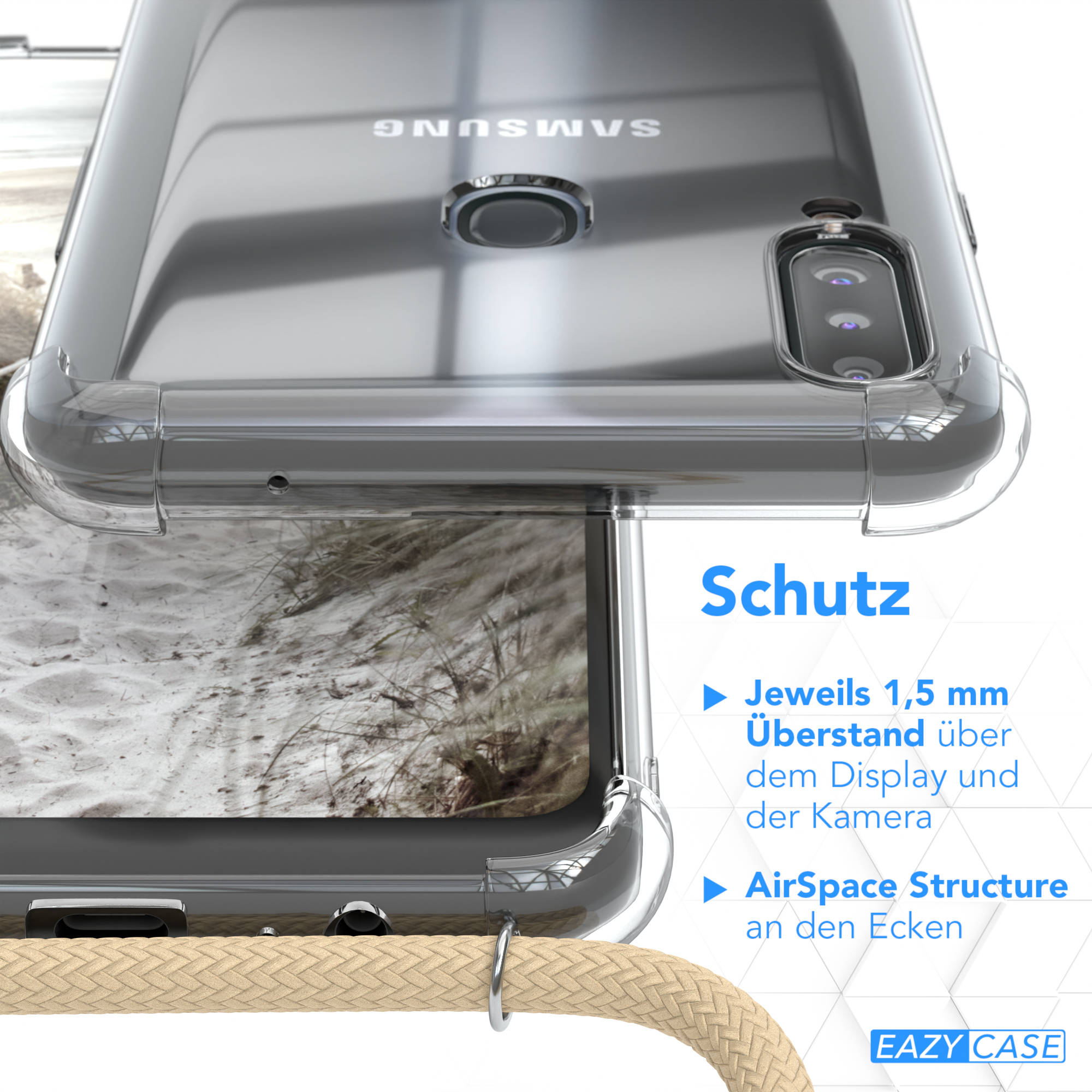 Transparente Handyhülle auf dem Telefon. Text sagt 'Schutz'. Beiges Seil und sandiger Hintergrund.