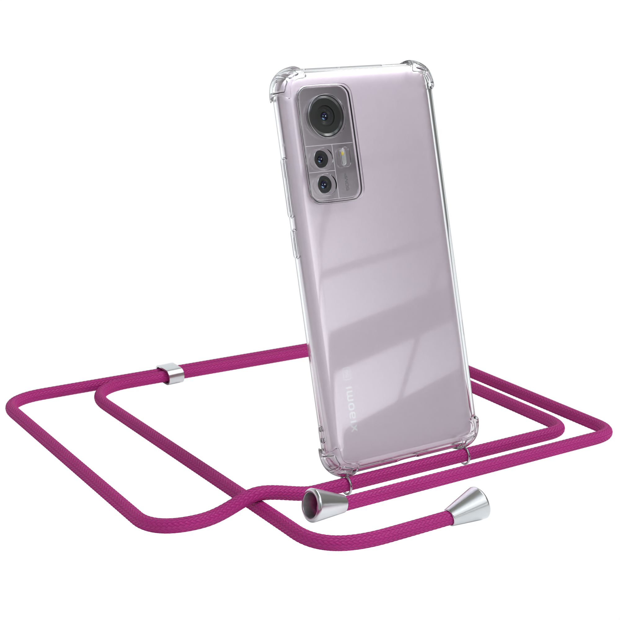 EAZY CASE Clear Cover mit / Silber Umhängetasche, / 12 Pink Clips Xiaomi, 12X, Umhängeband
