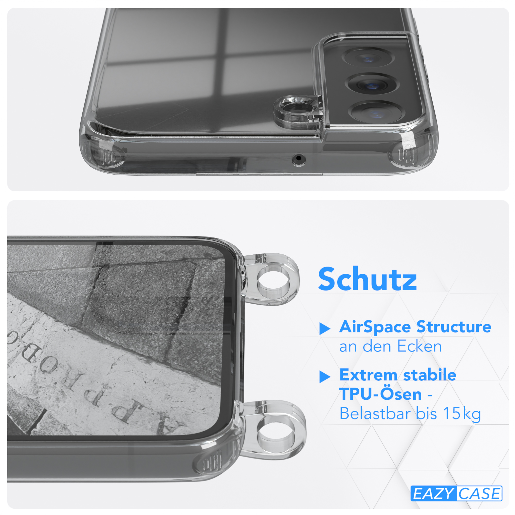 Nahaufnahme einer transparenten Handyhülle. Text 'Schutz' mit Details zu AirSpace Structure und TPU-Ösen. Schwarzes Kabel befestigt.