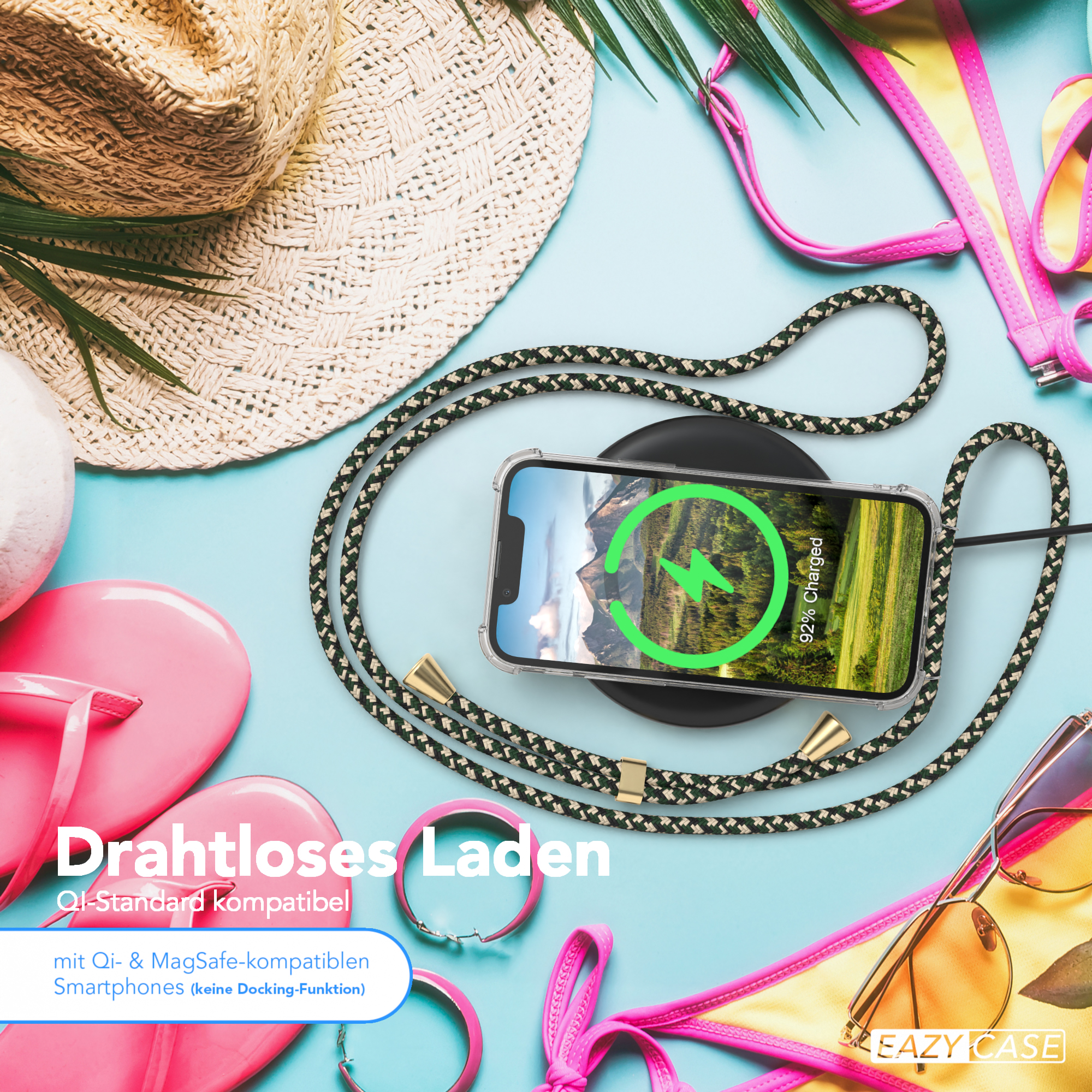 Telefon mit Hülle auf blauem Untergrund, umgeben von Strandaccessoires. Text: Drahtloses Laden.