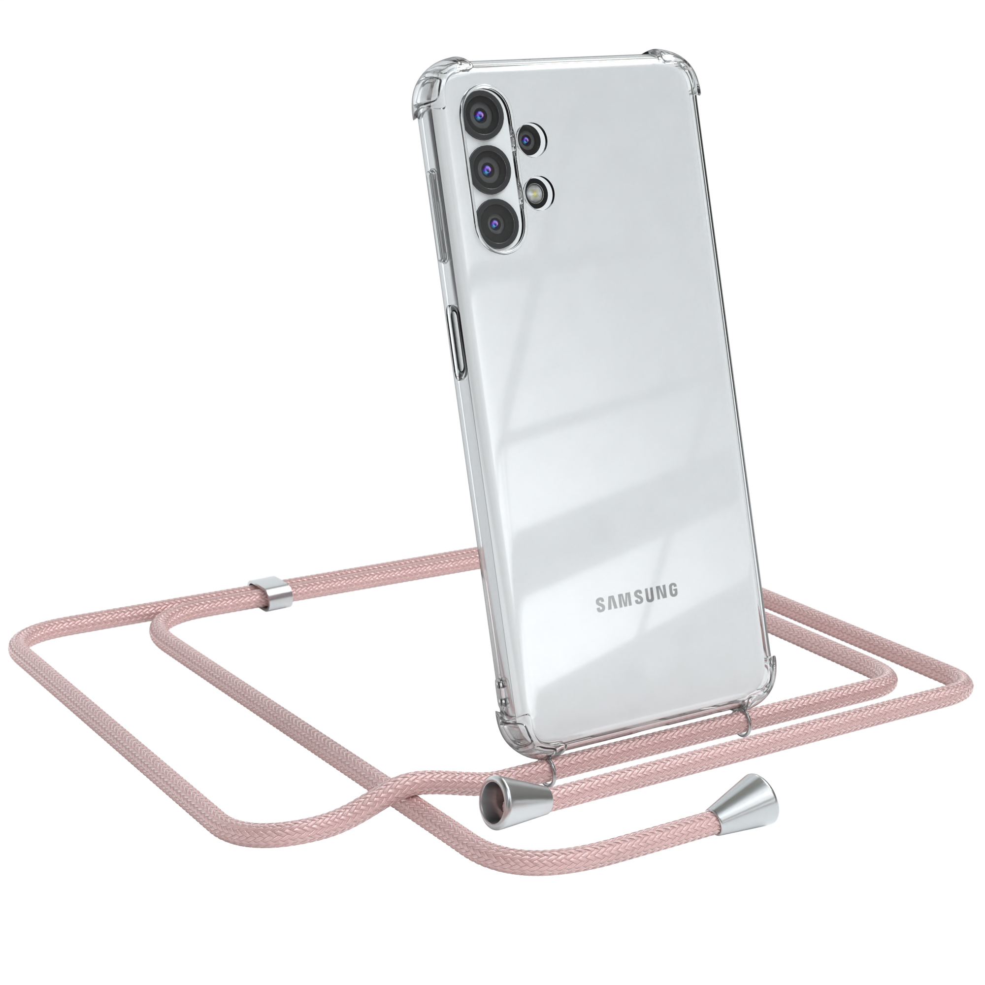Transparente Handyhülle mit pinkfarbenem Kabel. Telefon ist angewinkelt, mit Samsung-Logo auf der Rückseite.