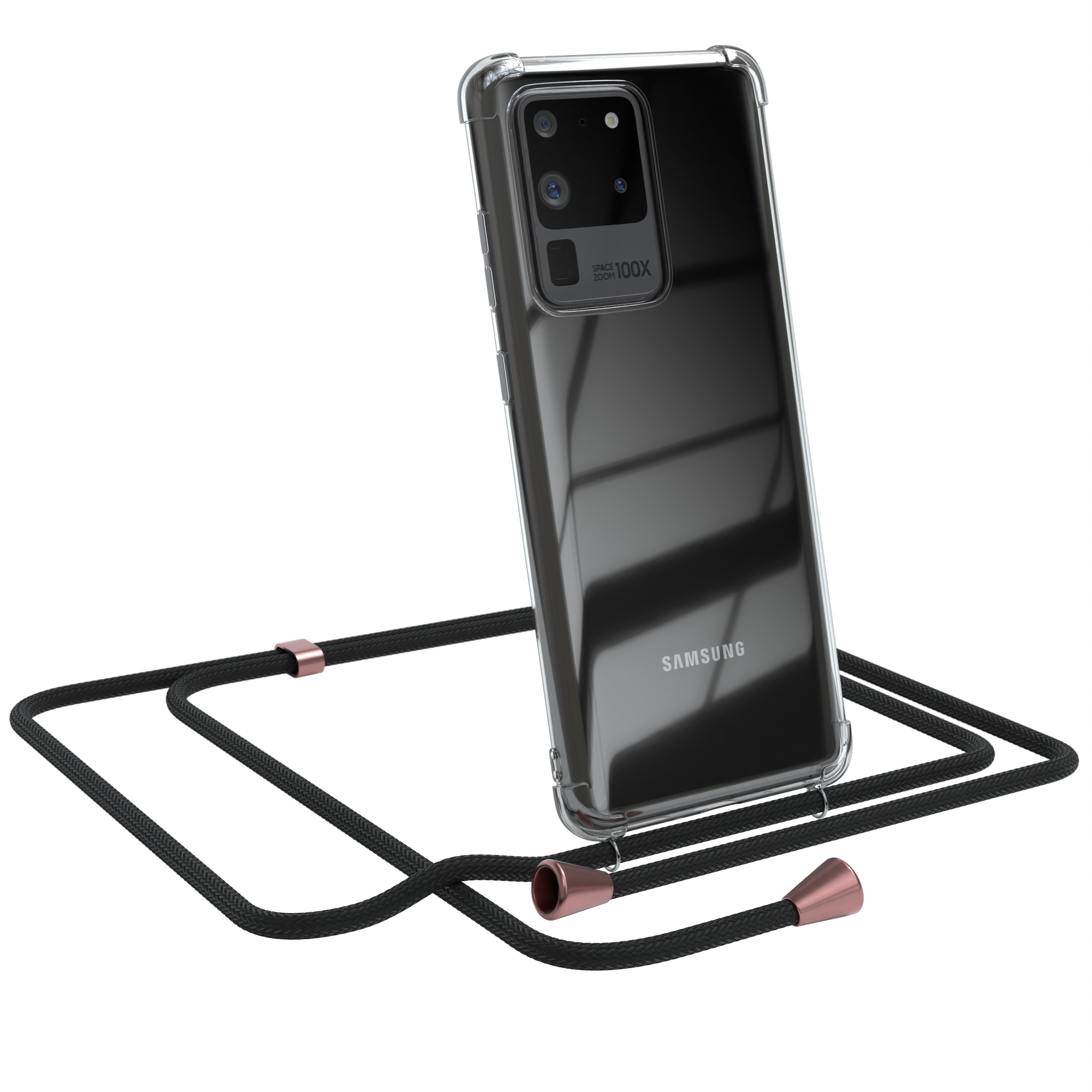 Klare Handyhülle mit schwarzem Kabel. Telefon ist abgewinkelt. Weißer Hintergrund.