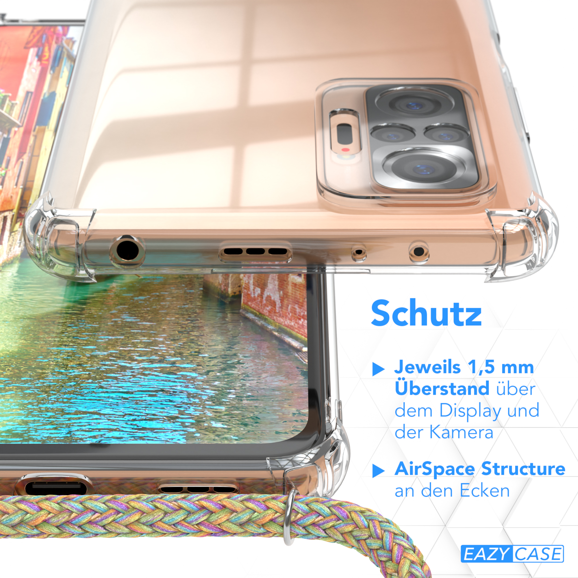 Transparente Handyhülle mit farbenfrohem Band, die ihre Eigenschaften zeigt.