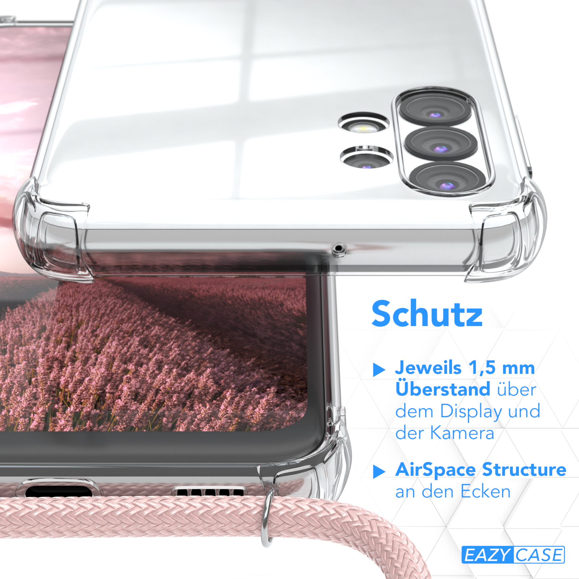 Nahaufnahme einer Handyhülle. Text: Schutz, 1,5 mm Überstand, AirSpace Structure.