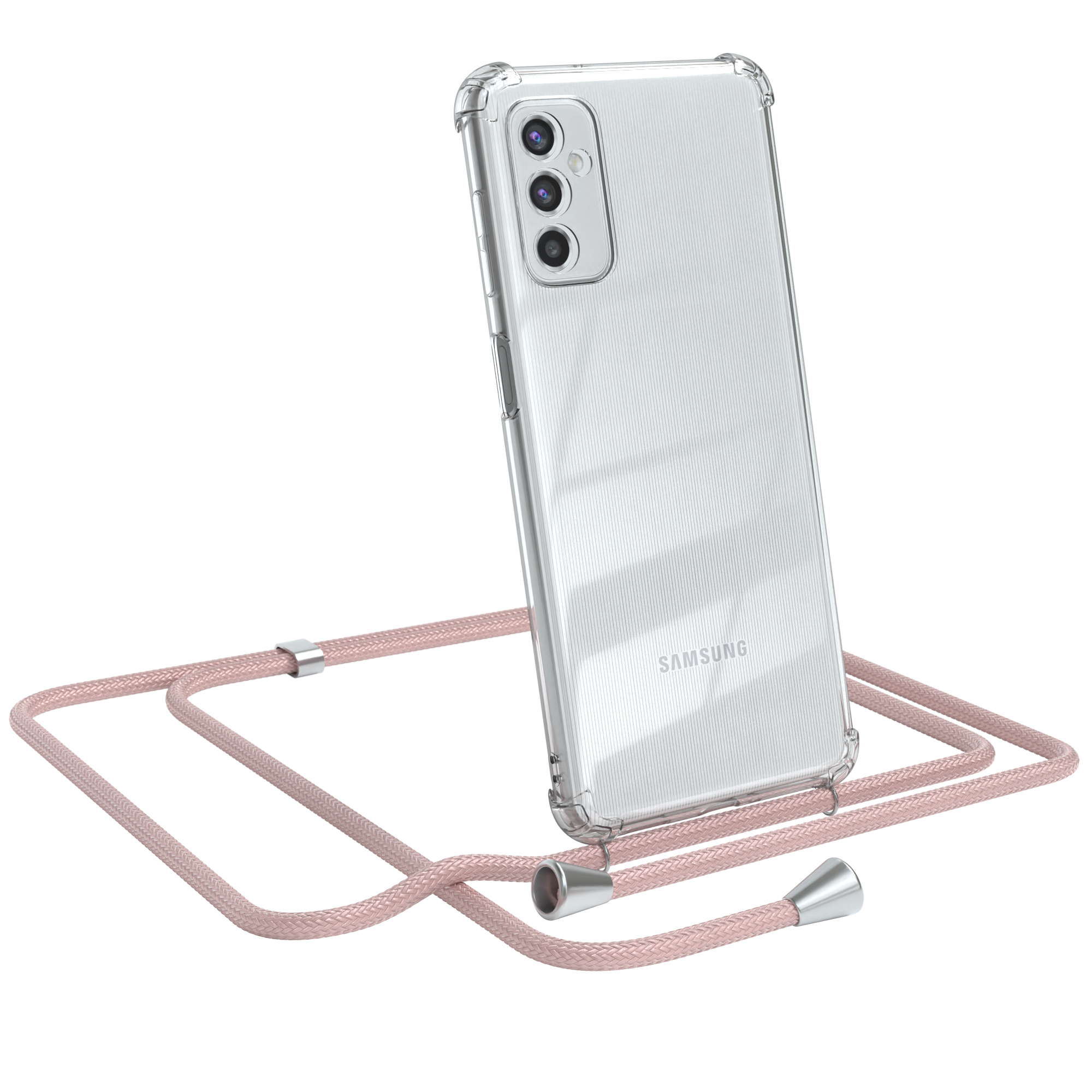 Transparente Handyhülle mit hellrosa Umhängeband. Samsung-Telefon abgewinkelt.