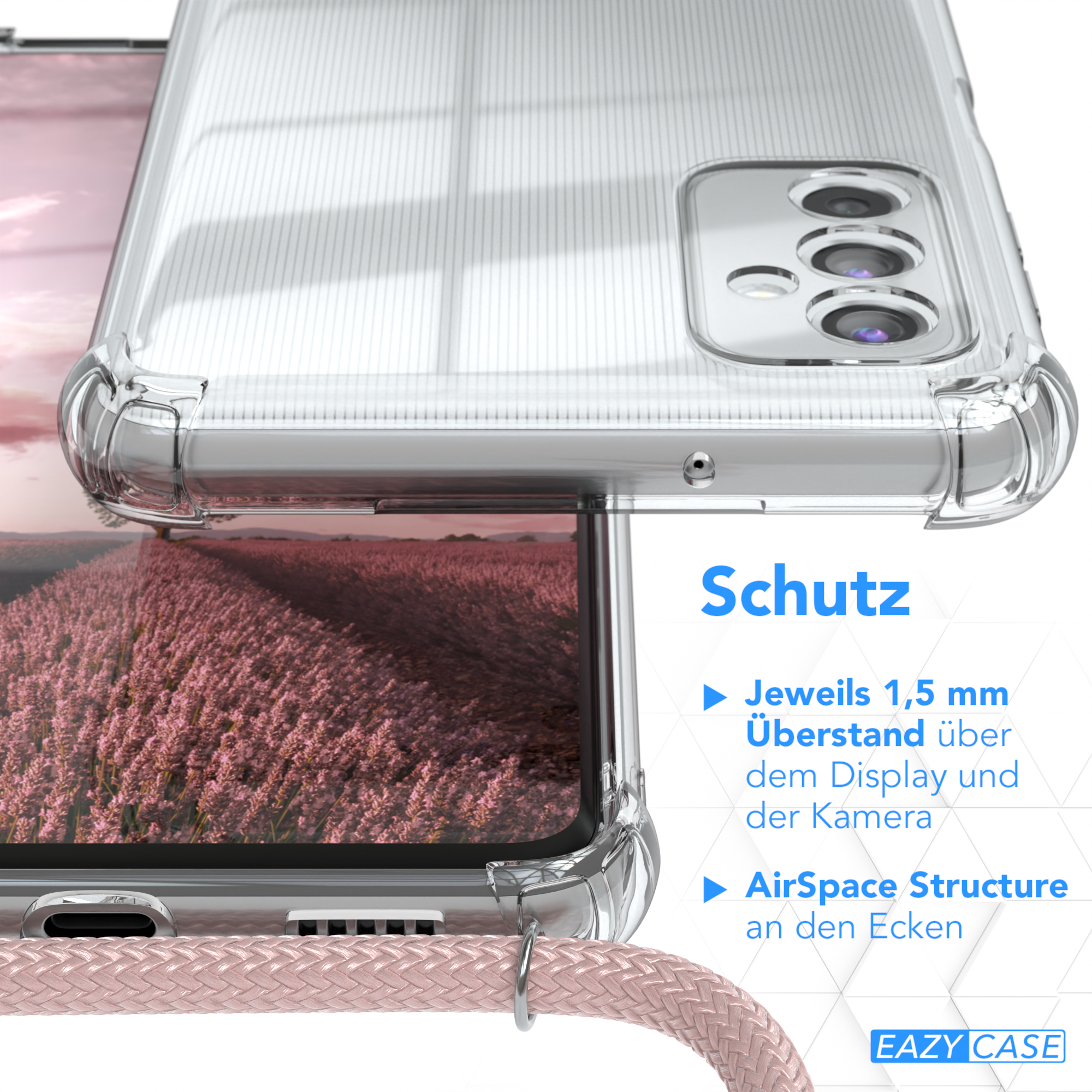 Nahaufnahme der Handyhülle. Text: Schutz. Merkmale: AirSpace-Struktur.