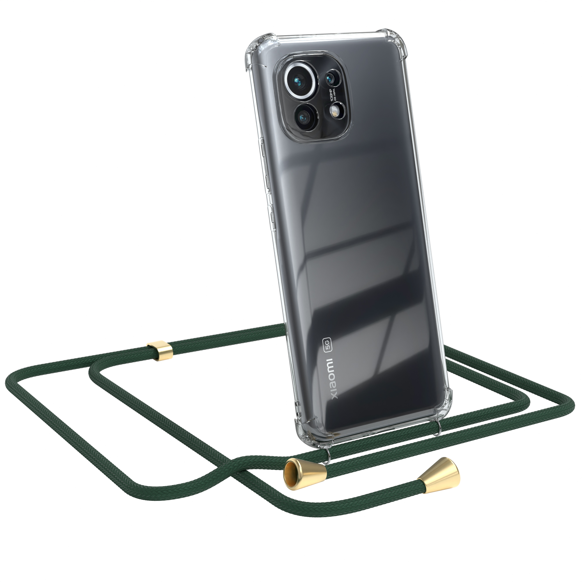 Telefon in transparenter Hülle mit grünem Band. Xiaomi. Goldfarbene Details.