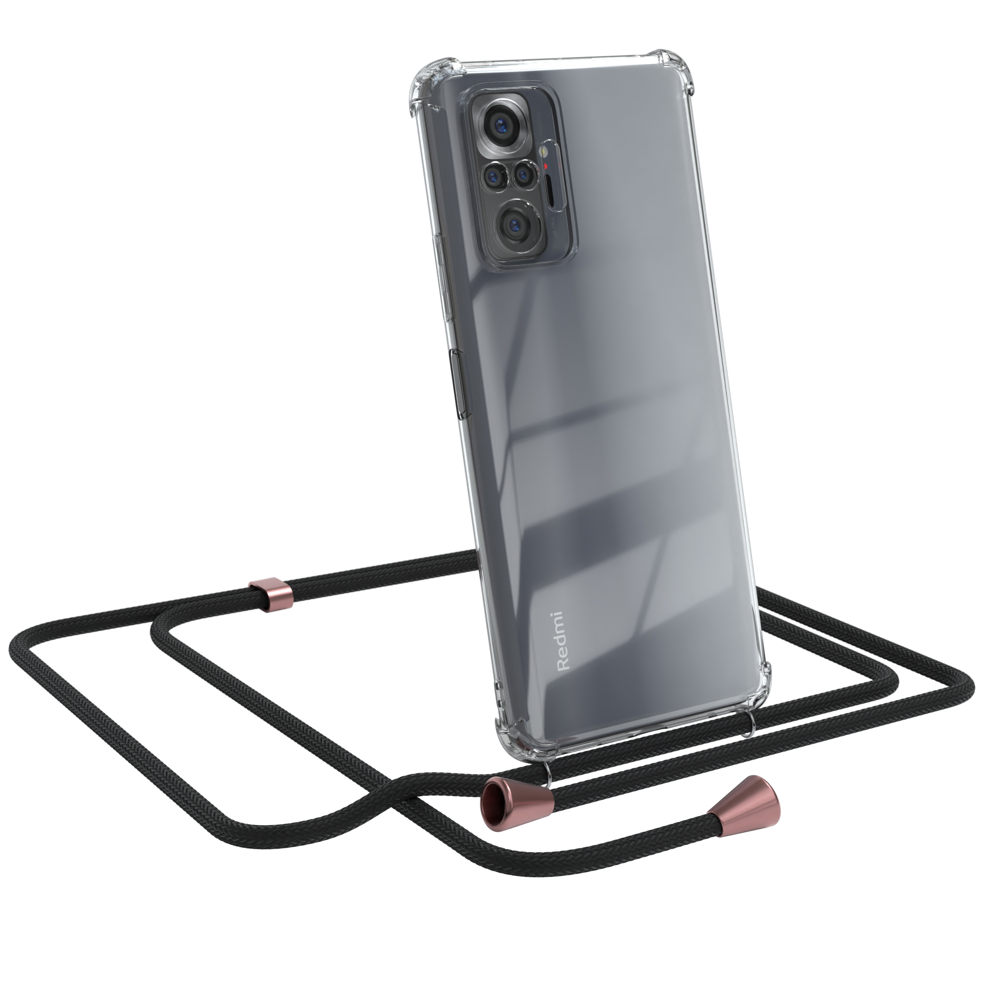 Redmi-Telefon in klarer Hülle mit schwarzem Umhängeband. Telefon lehnt an der Schnur.