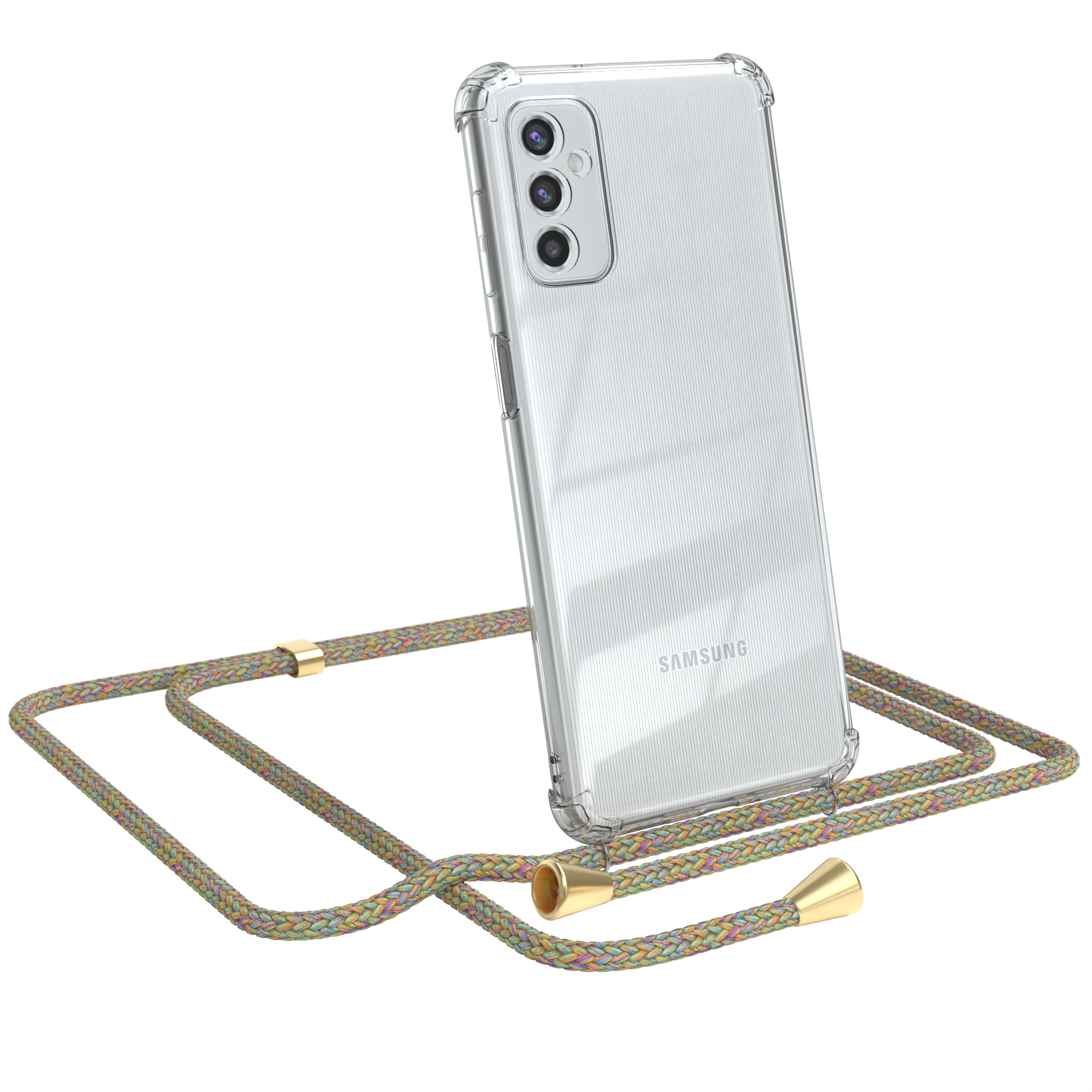 Transparente Handyhülle mit grünem und goldenem Schlüsselband. Das Telefon ist ein Samsung mit drei Kameras.