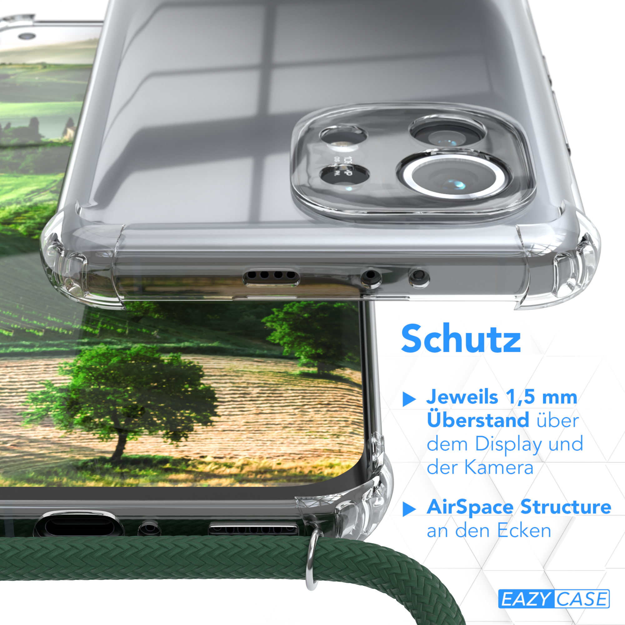 Nahaufnahme einer transparenten Handyhülle mit Schutzdetails, Text auf Deutsch.