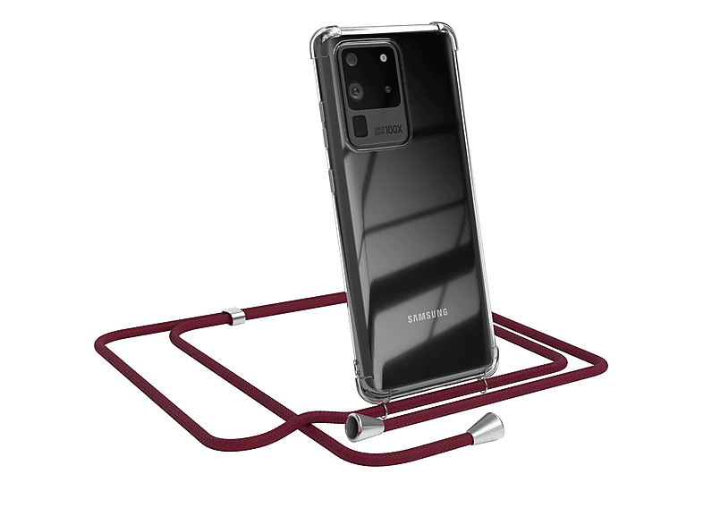 EAZY CASE Clear Cover mit Umhängeband, Umhängetasche, Samsung, Galaxy S20 Ultra / S20 Ultra 5G, Bordeaux Rot / Clips Silber