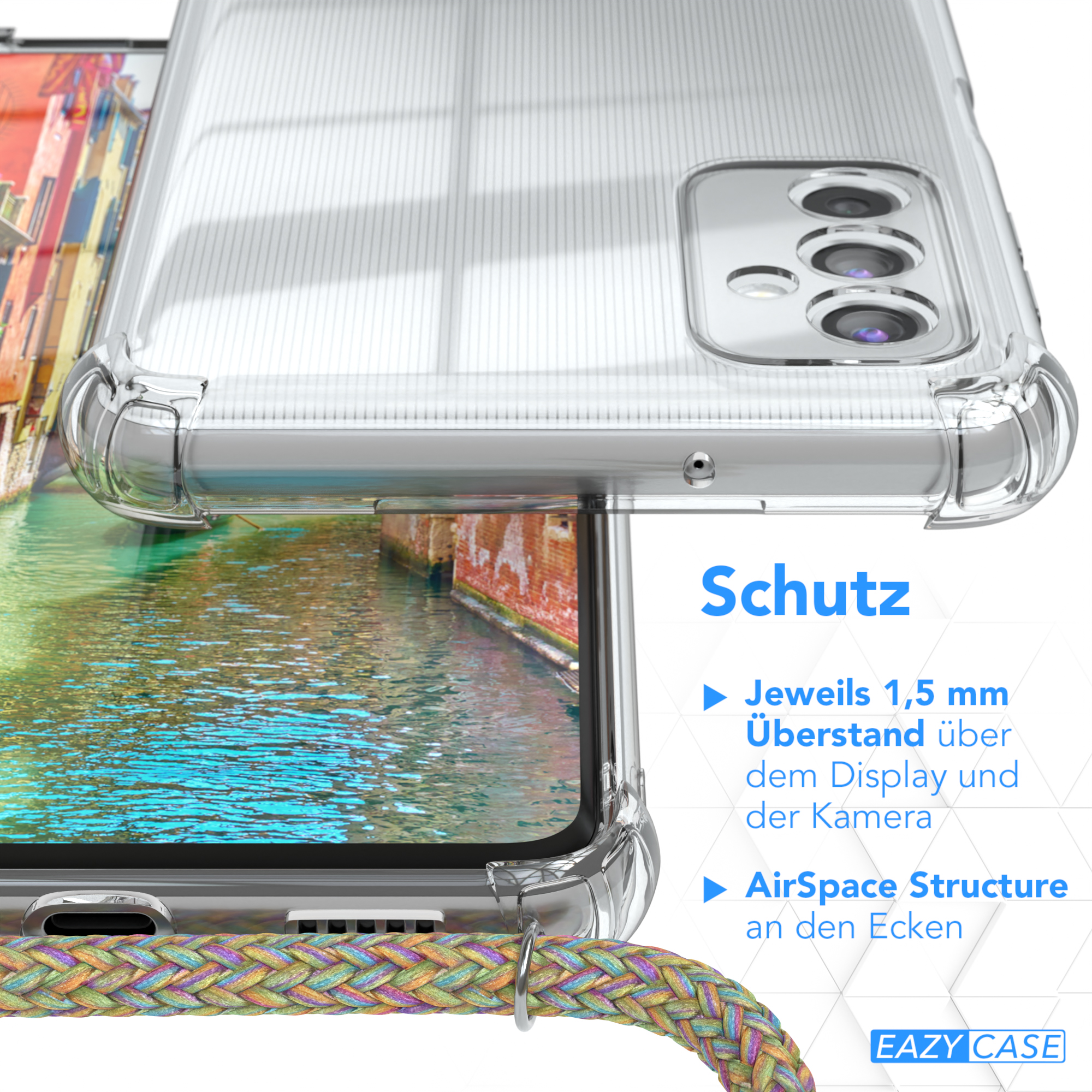 Nahaufnahme der Handyhülle, zeigt Kanten und Kordelbefestigung. Die Hülle schützt das Telefon.