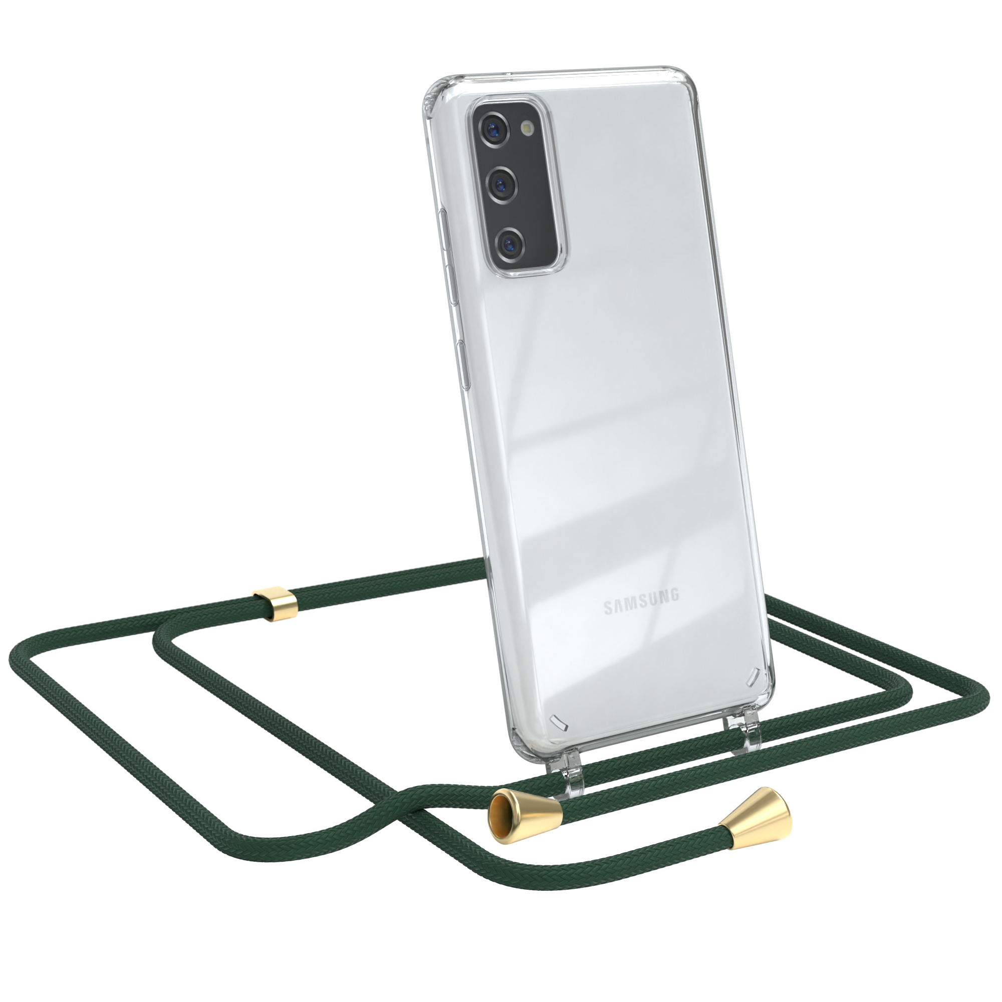 Transparente Handyhülle mit grünem Seilband. Samsung-Telefon sichtbar. Goldene Verbinder.