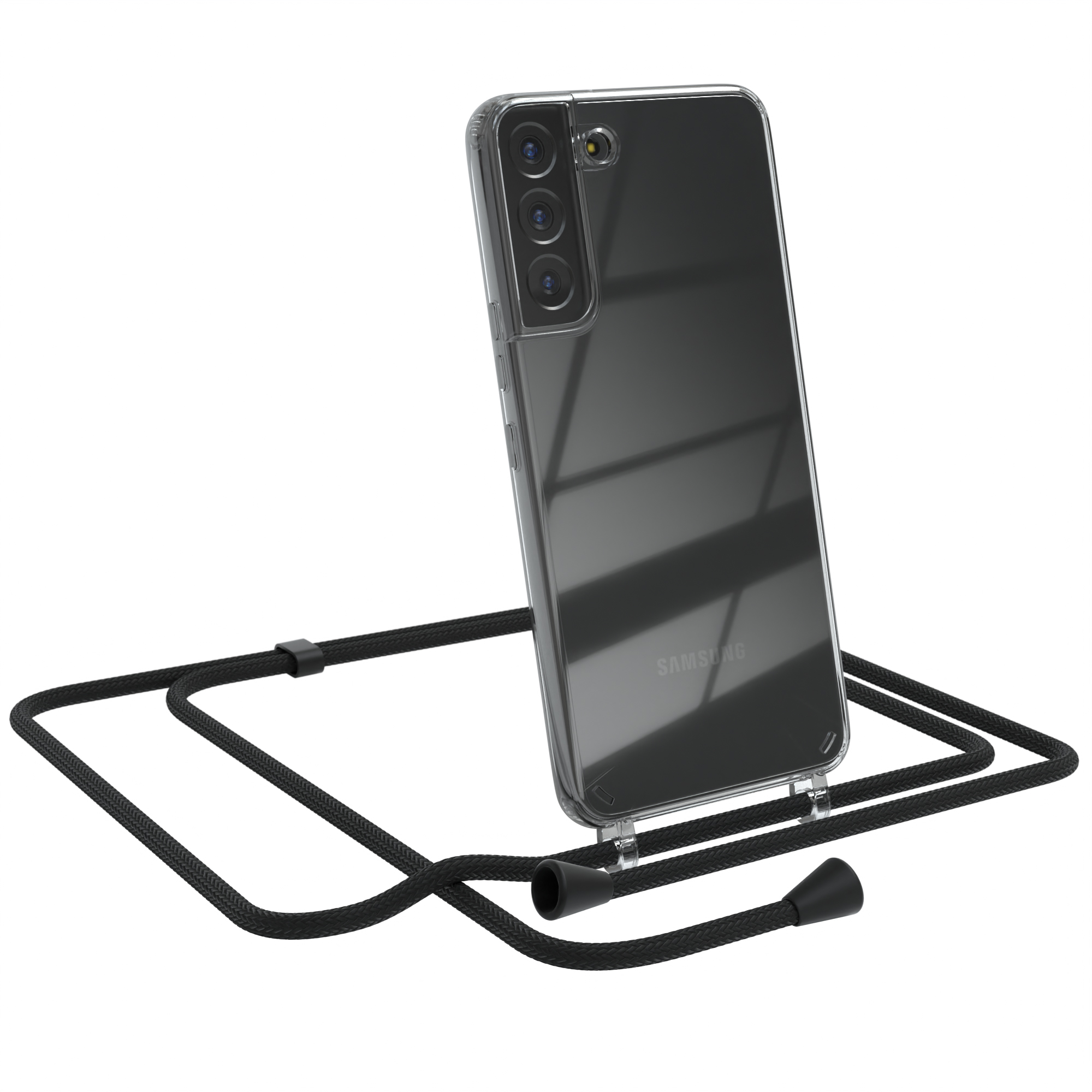Transparente Handyhülle mit schwarzem Umhängeband. Samsung-Telefon sichtbar. Weißer Hintergrund.
