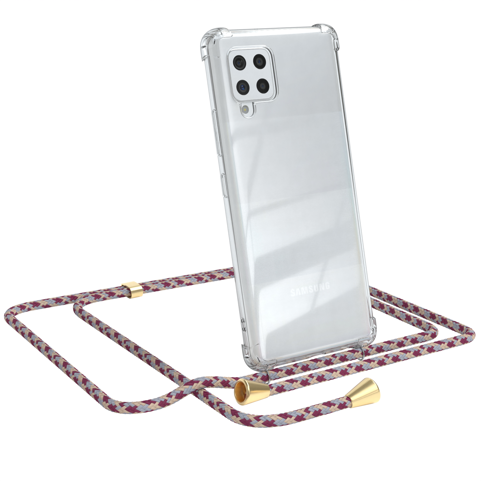 Transparente Handyhülle mit weinrotem Band. Samsung-Logo sichtbar. Weißer Hintergrund.