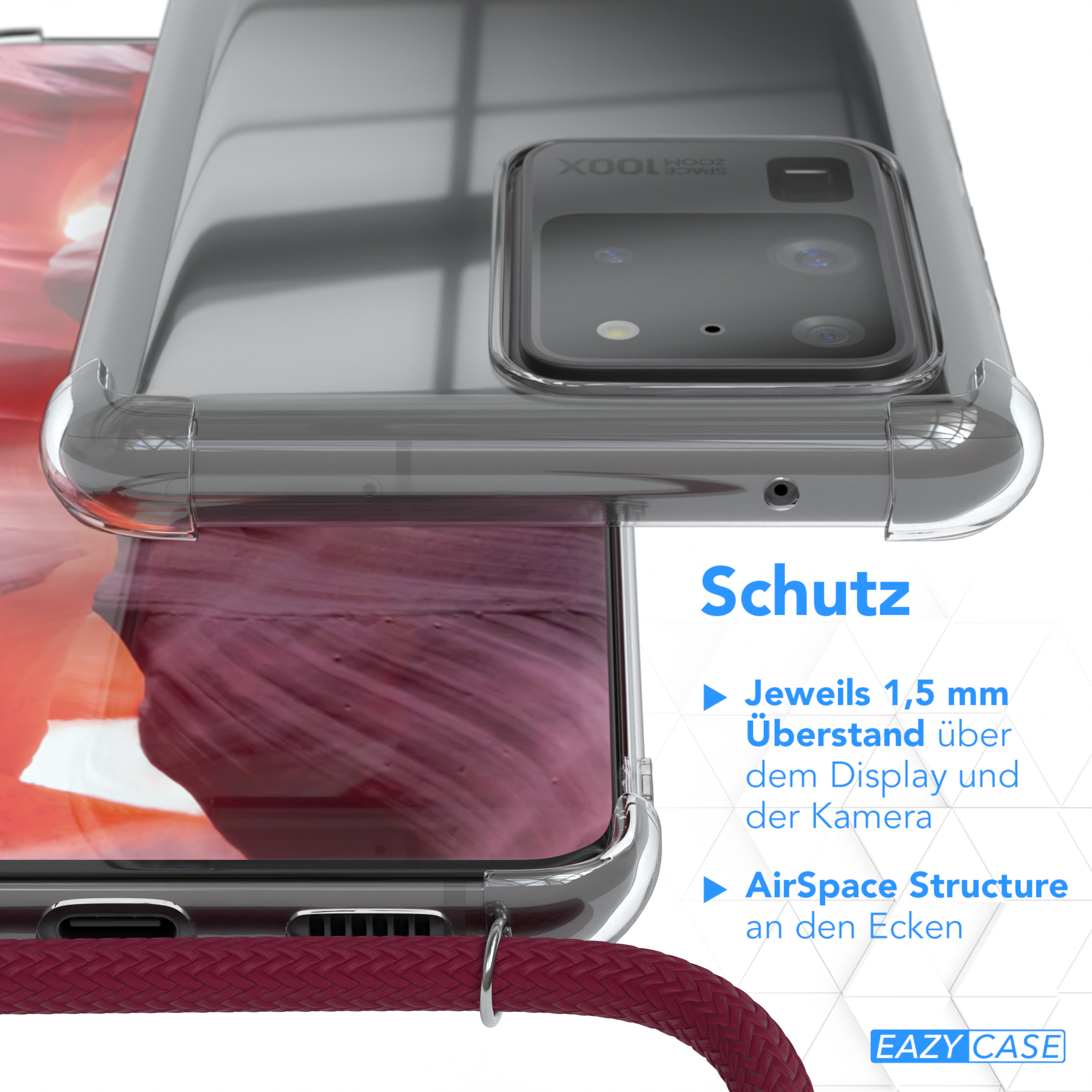 Transparente Handyhülle auf einem Telefon mit roter Kordel. Text auf Deutsch.