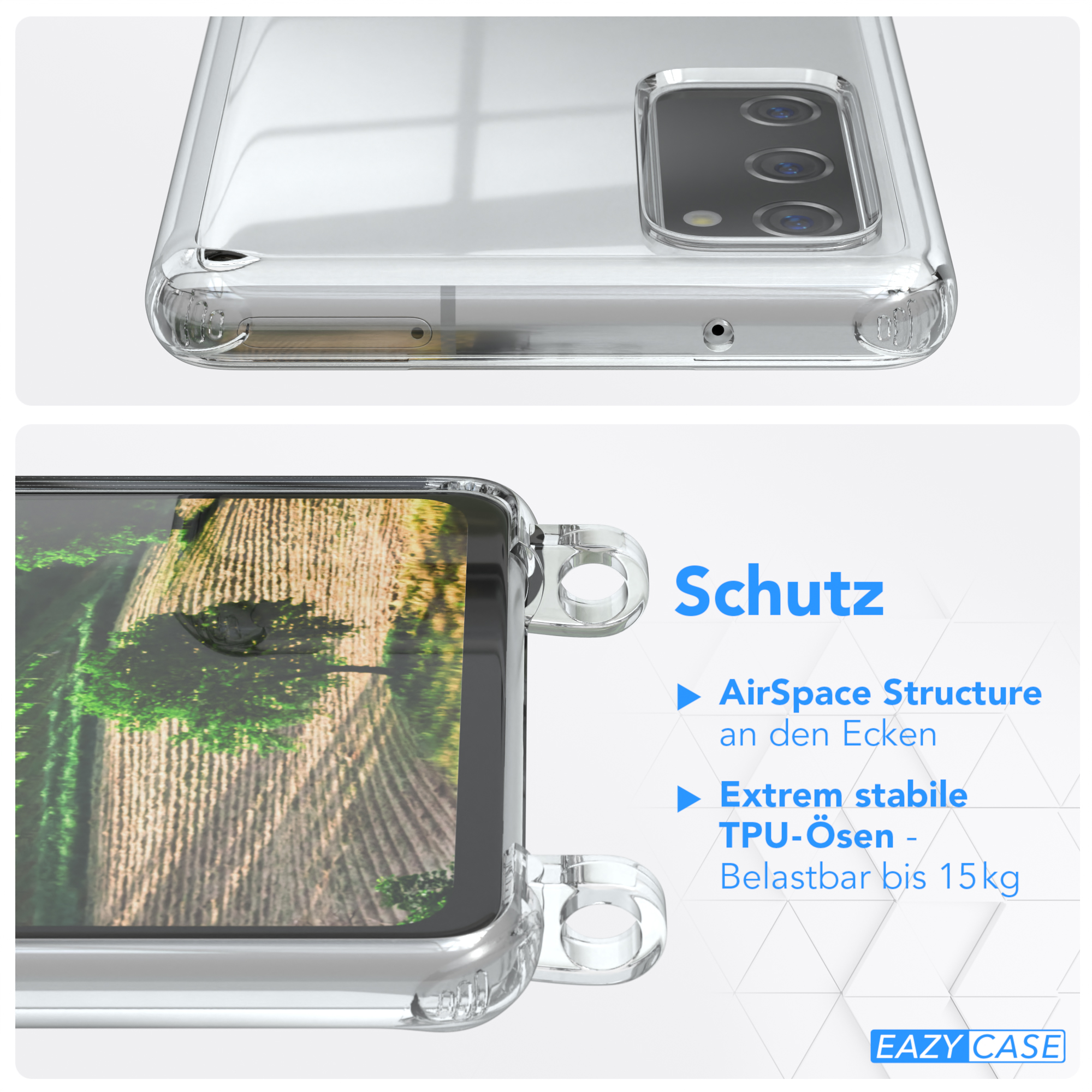 Klare Handyhülle auf einem Handy. Nahaufnahme mit Schutzfunktionen.