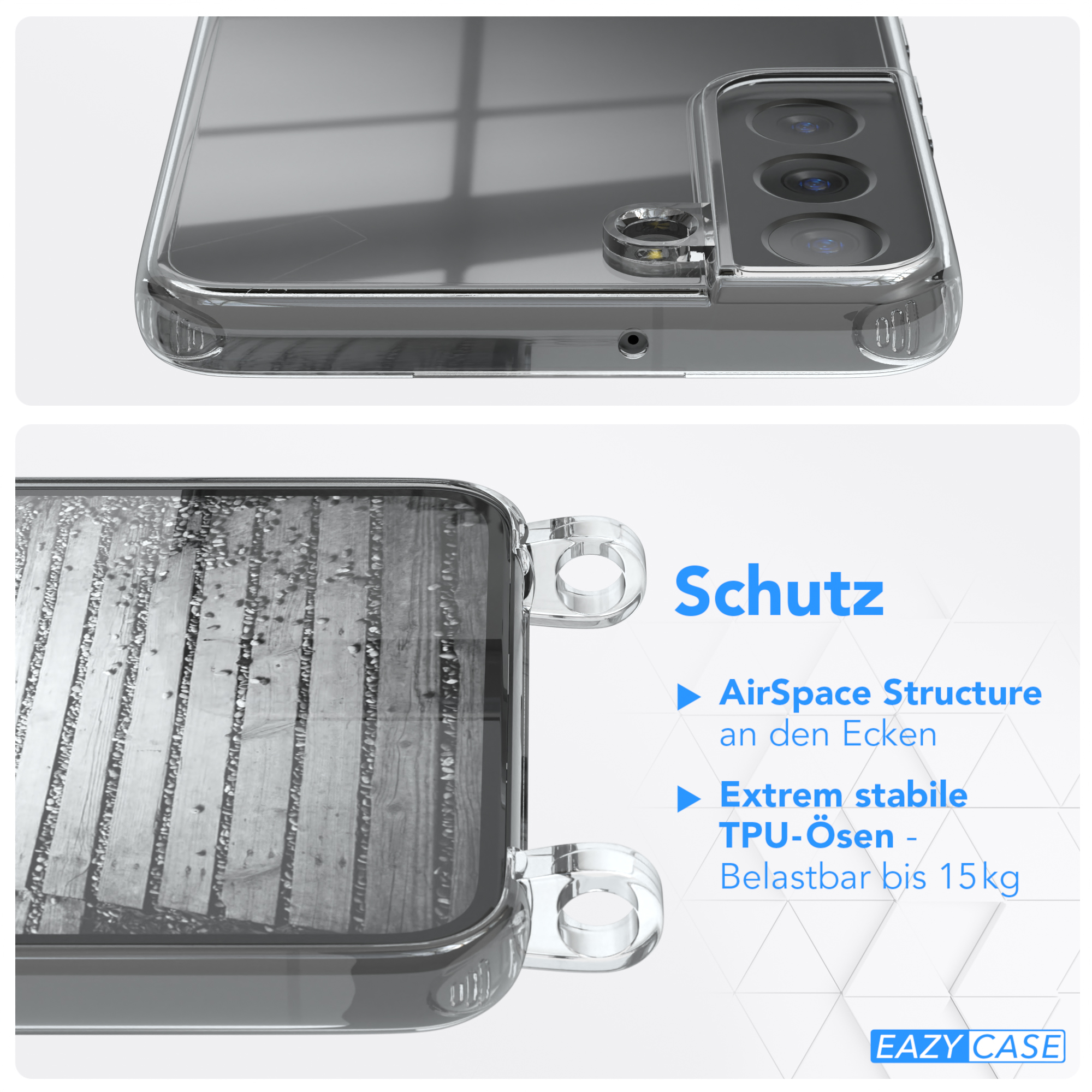 Transparente Handyhülle, Nahaufnahme des Telefons, Text: Schutz. AirSpace Structure, TPU-Ösen, bis 15kg.