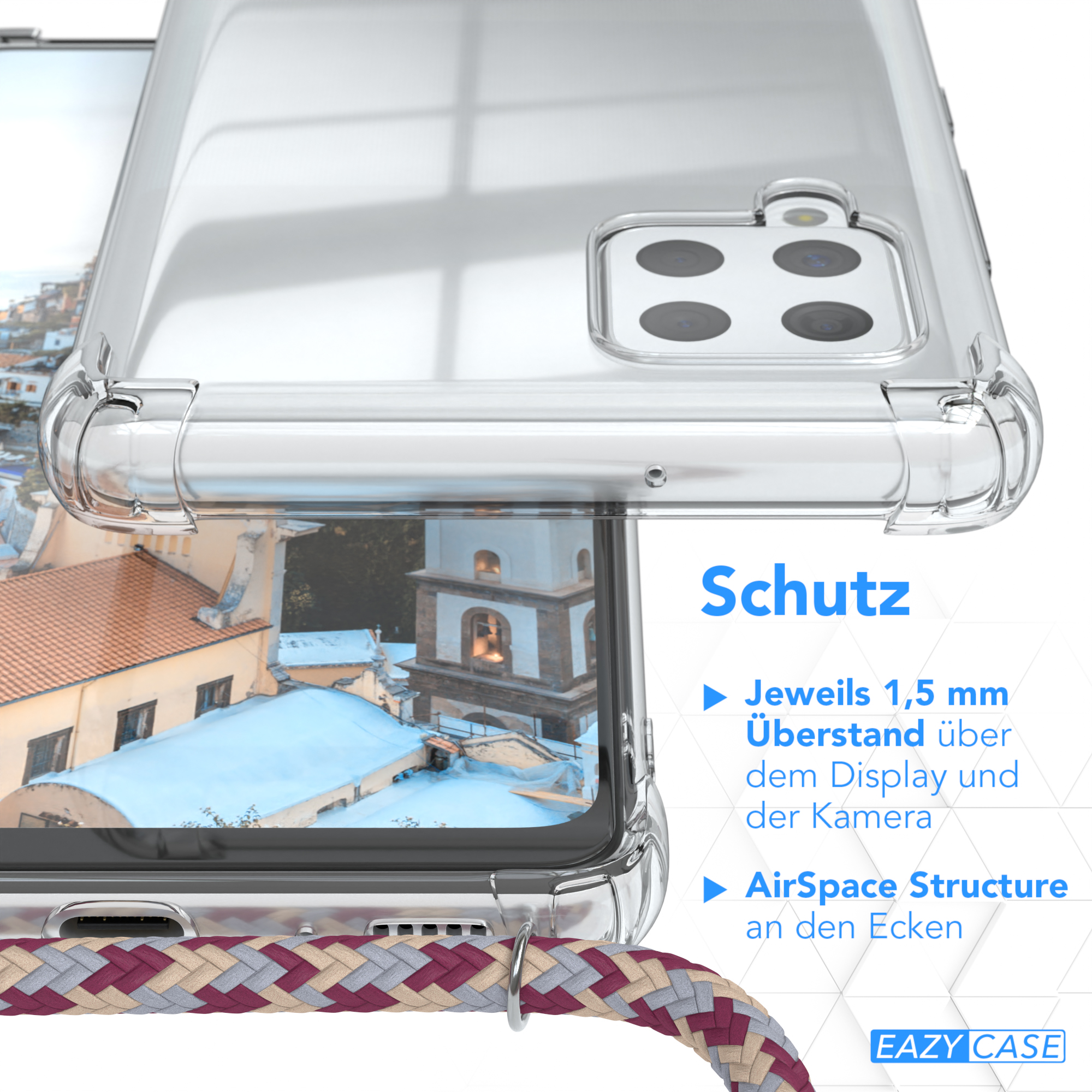 Eine transparente Handyhülle mit Text über Schutz und einem bunten Handystrap.